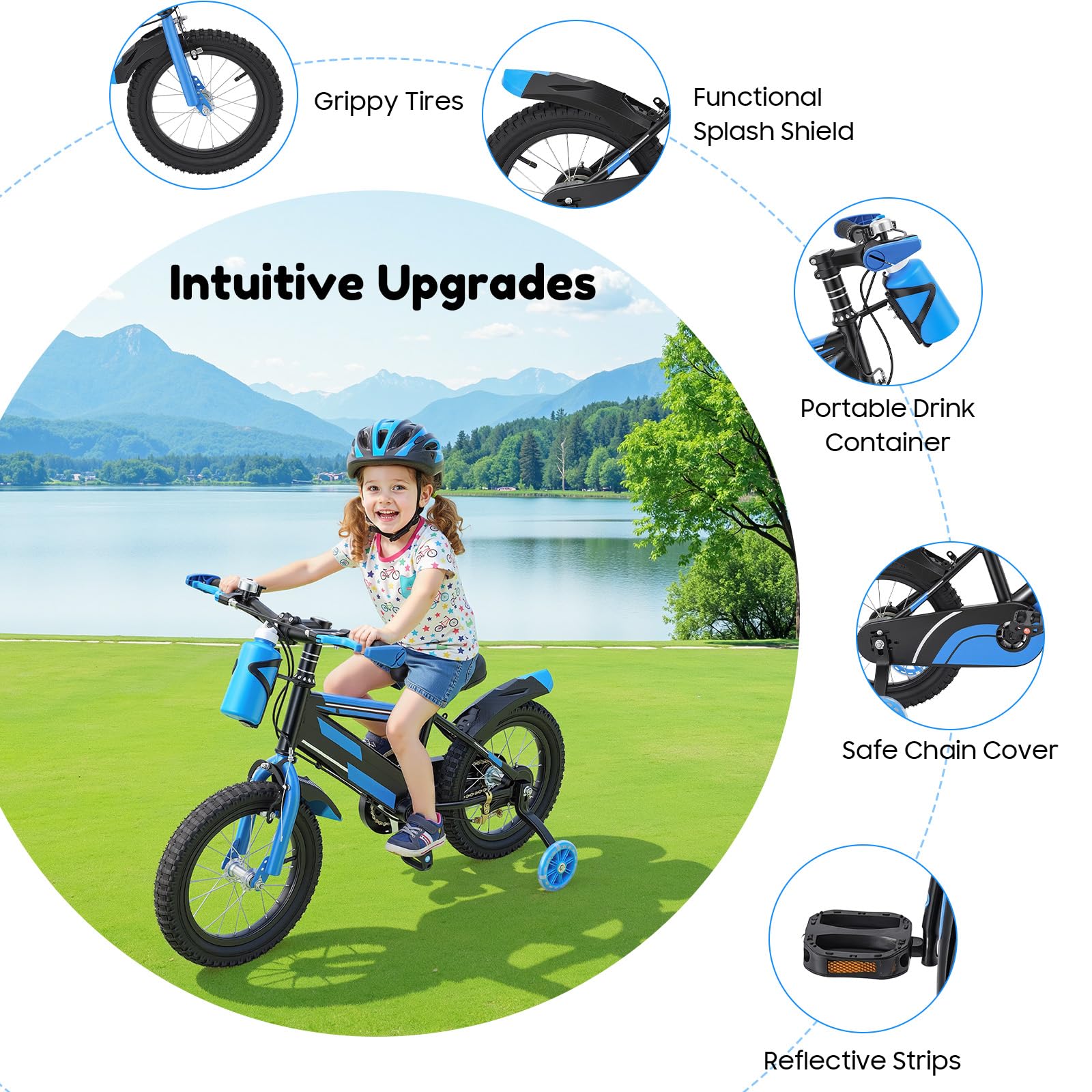 14-Zoll Kinderfahrrad für 3-7 Jährige, verstellbares Kinderfahrrad mit Stützrädern und Trinkflasche, 60 kg Tragkraft
