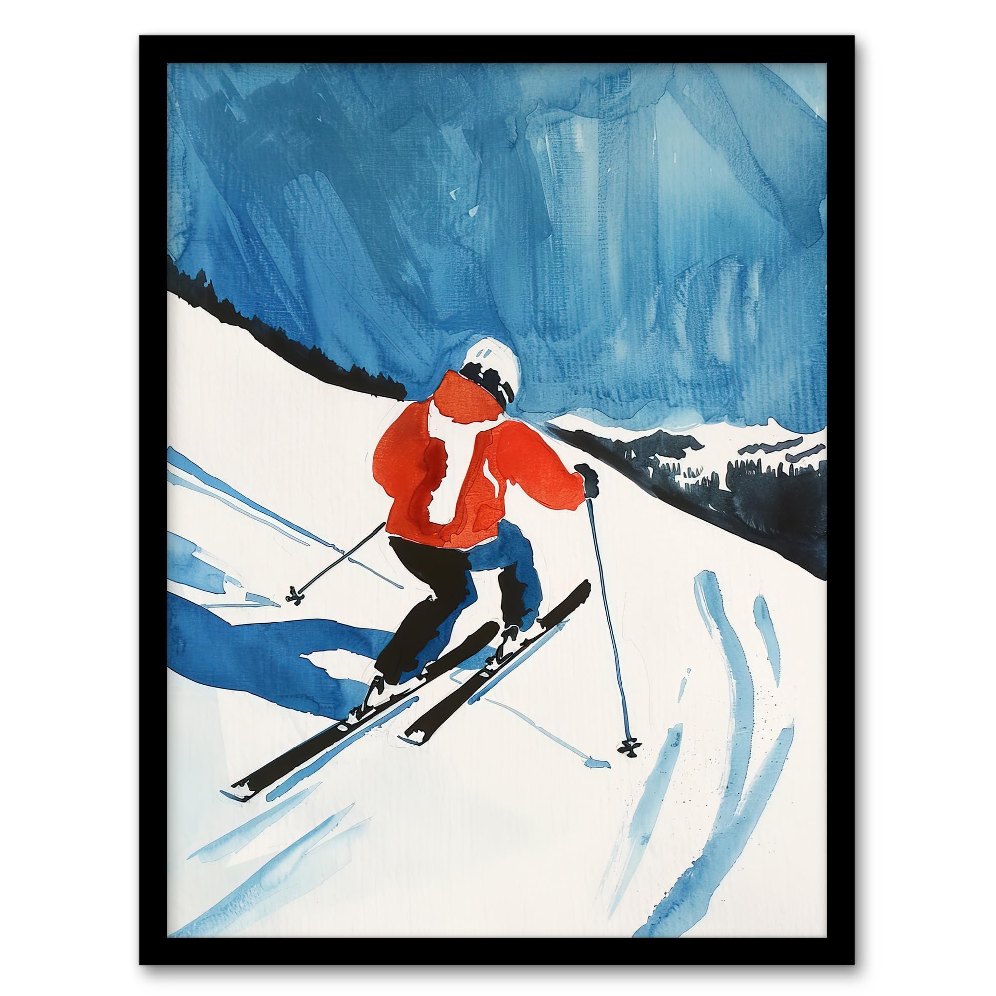 Artery8 Austria Skier Skiing Winter Sport Ski Watercolour Living Room Artwork Framed Wall Art Print A4