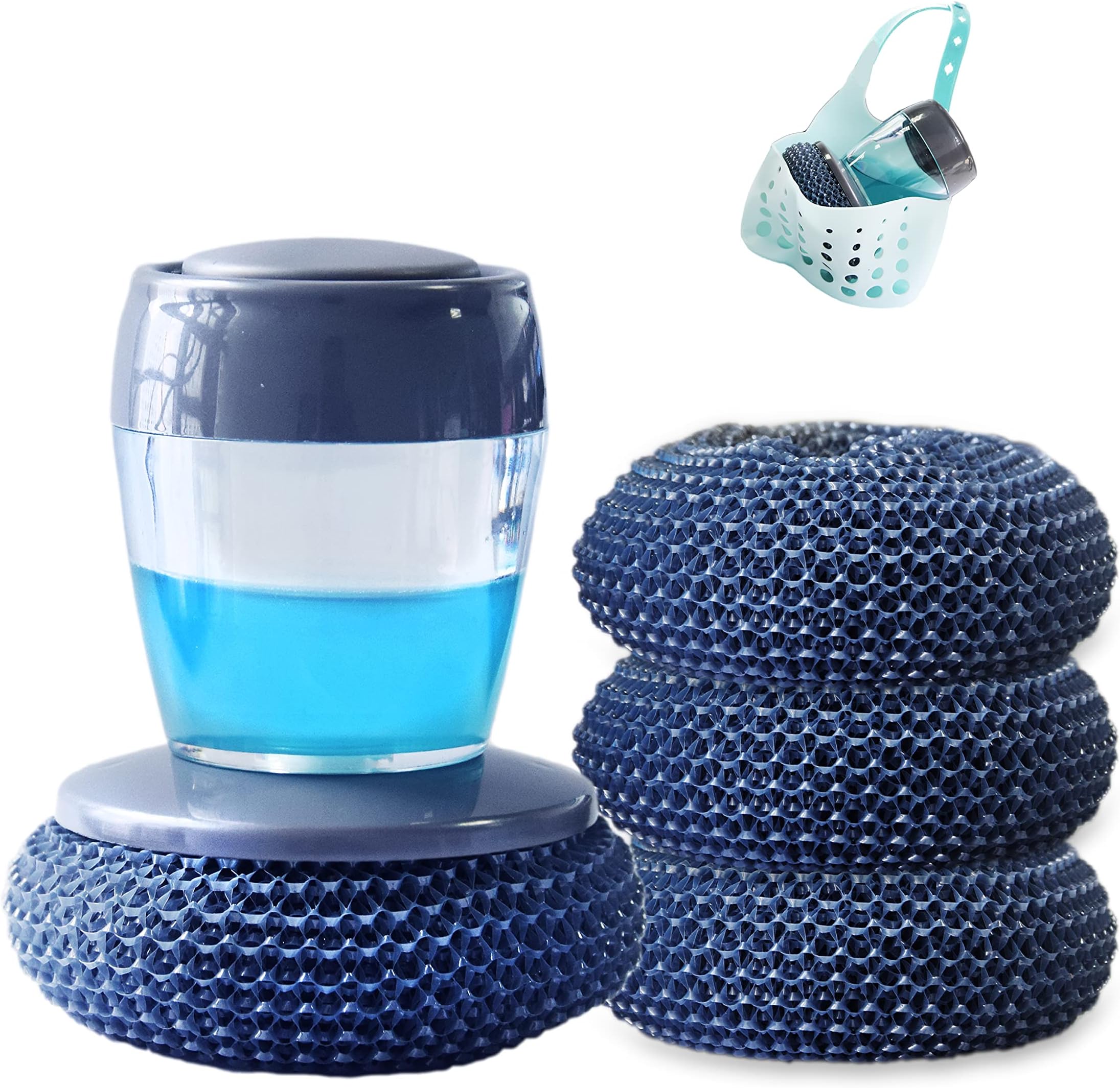 Dish Brush Sponge Scrubber with Soap Dispenser Set: Kitchen Soap Dispensing Scrub with 3 Replacement Scourers and 1 Sink Hanging Storage Bag, Eco-friendly Materials Scrubbers for Sink Pot Pan Bathroom