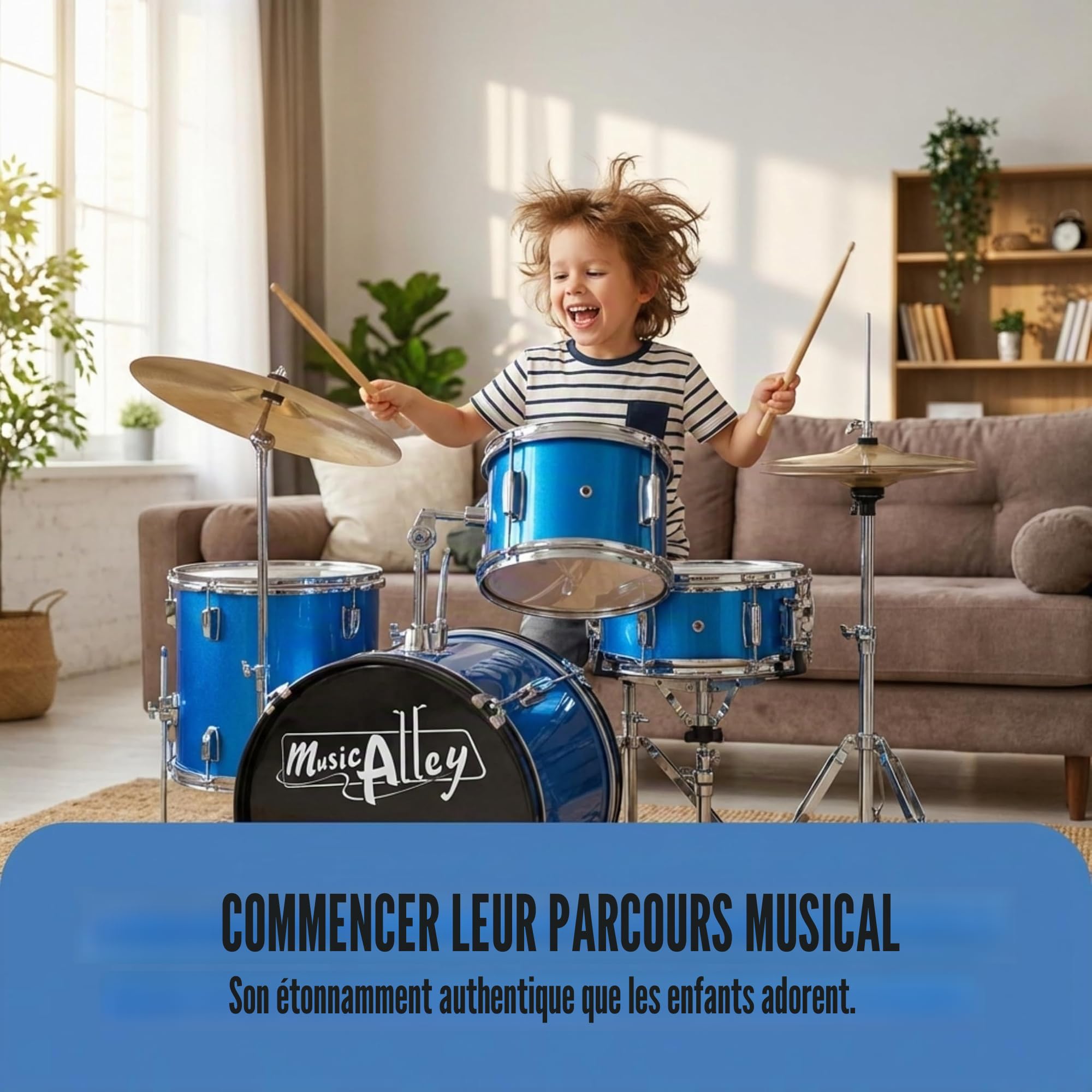 Music Alley Batterie Enfant 3 Pièces avec Tabouret et Cymbale, Bleu | Kit batterie musique junior avec grosse caisse, caisse claire, tom, cymbale, pédale et baguettes pour enfants débutants