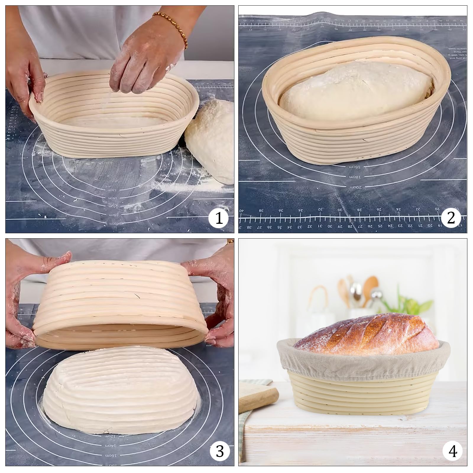 Cestino Lievitazione Pane 2 Pezzi Cestino Pane in Rattan Naturale Con Impastatrice Fodera di Lino Raschietto per Impasto di Pane Pizza e Pasticceria (Rotondo da 23 cm e Ovale da 21 cm)