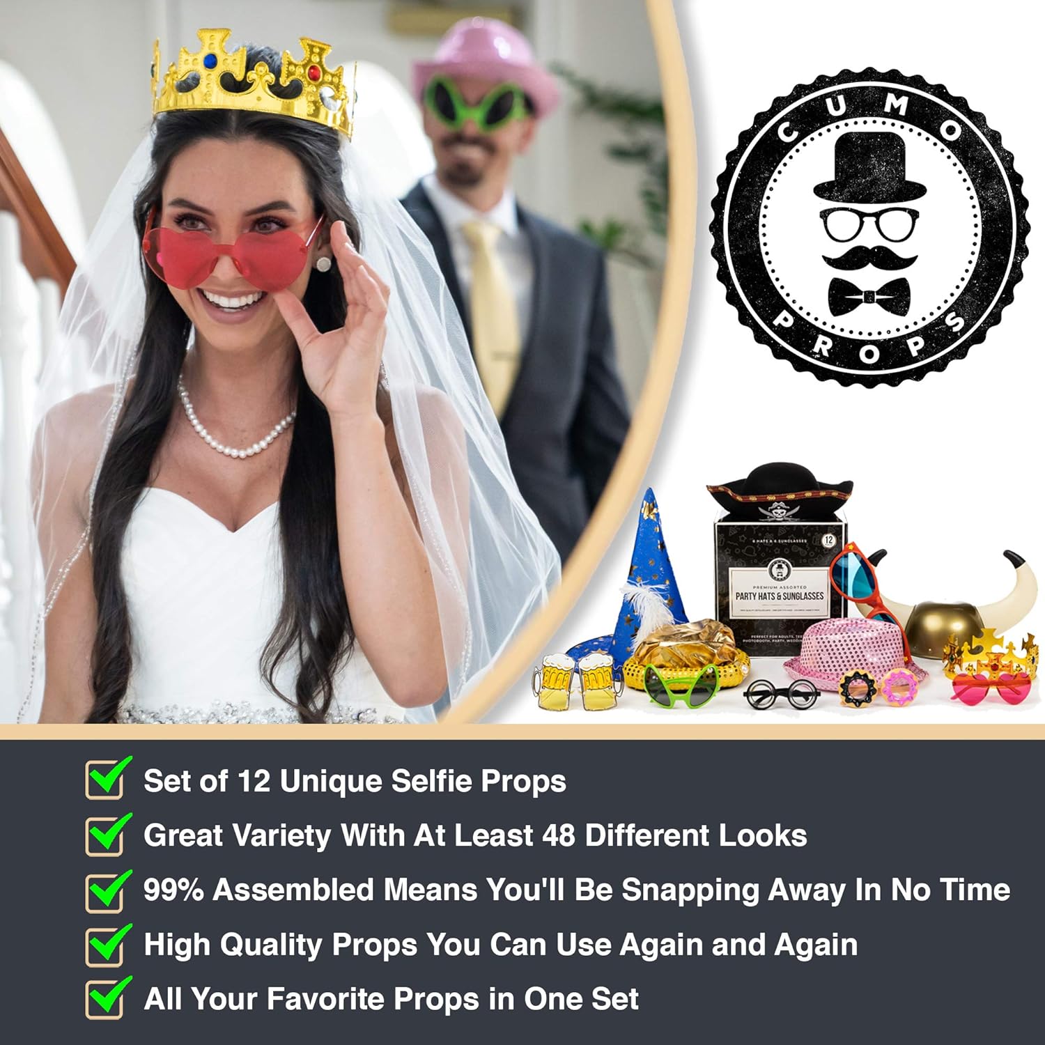 Photo Booth Props - Set of 12 Selfie Props. Googly Eye Glasses, Funny Hats and Party Glasses Photobooth Props. Picture Costumes Also For Sweet 16, Wedding, Graduation and Birthday Party Supplies : Home & Kitchen