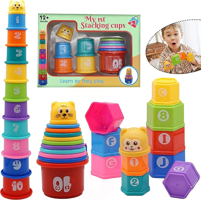 HOVUK Baby & Toddler Toys,Early Development & Activity Toys,Sorting, Stacking & Plugging Toys HOVUK Baby Stacking Cups, Count Build Learning Activity Rainbow Fun Toy Gifts, Stacking Toys for Toddlers 12+M (2Pk- Hexagon & Round Shape)