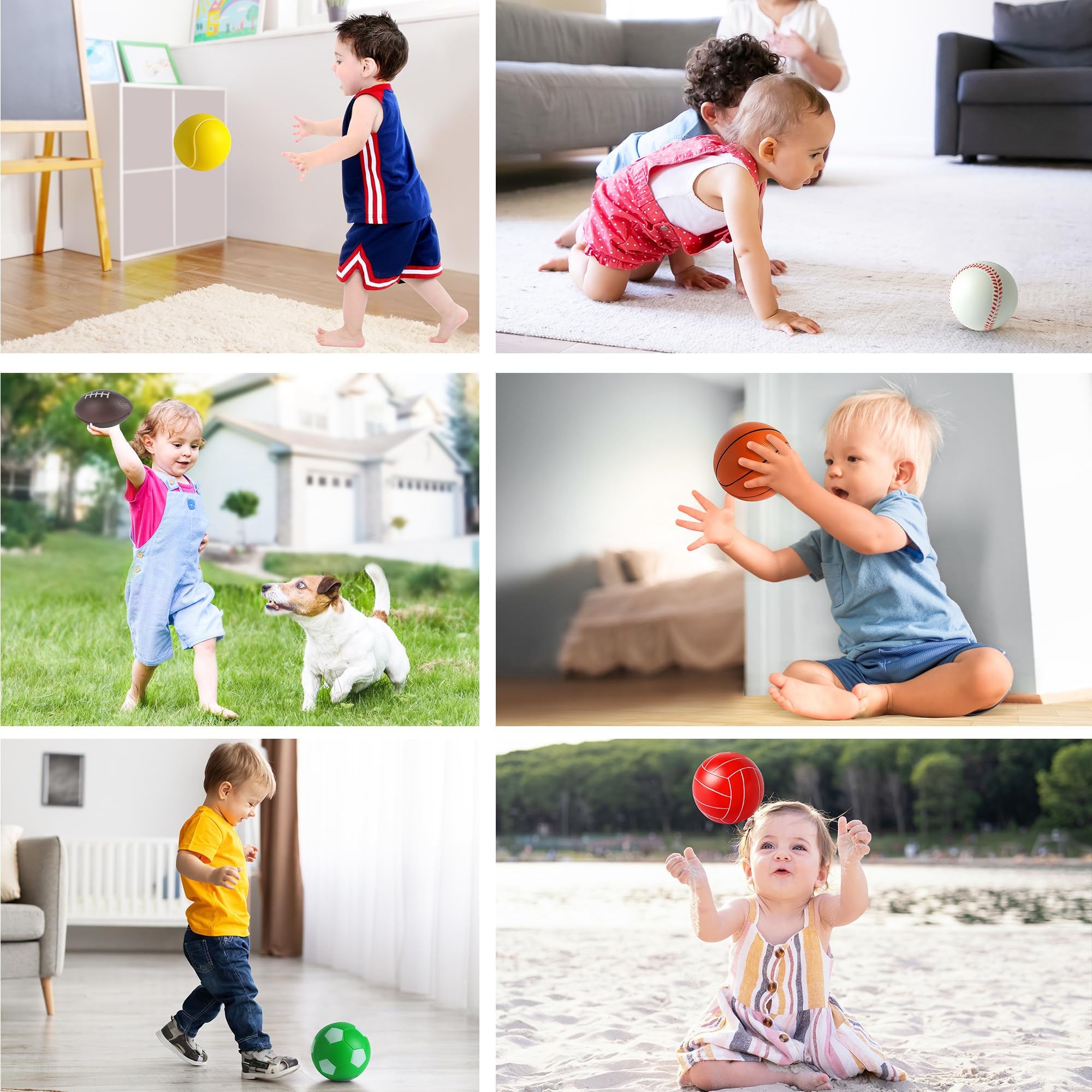 Billeeit Set de 6 Mini balles Sportives Mousse pour Tout-Petits, Premier Sac de Sport dès 3 Ans, Comprend 1 de Chaque : Foot, Tennis, Basket, Football américain, Baseball, Volley (3,5")
