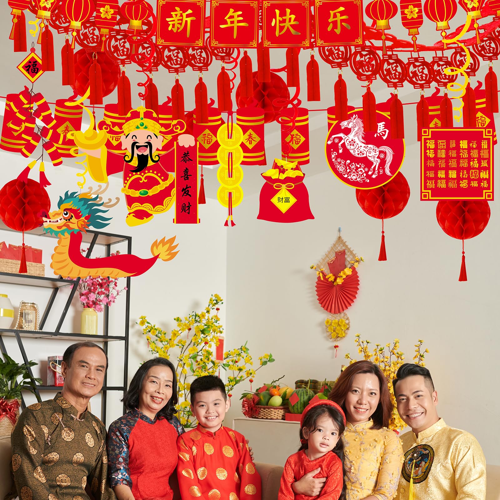 Winlyn Bulk Capodanno cinese Decorazioni per feste orientali da appendere lanterne rosse ghirlanda fortunata festa turbinii Capodanno Banner a nido d'ape palle per Capodanno lunare asiatico Capodanno