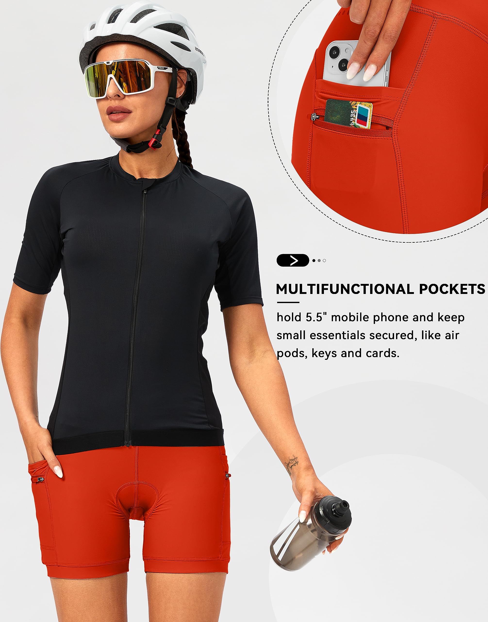 Bikewa Pantalones Cortos de Ciclismo Acolchados 4D para Mujer, Ropa Interior de equitación, Ciclismo, Ciclismo de Carretera, Pantalones Cortos para Mujer con Bolsillos con Cremallera
