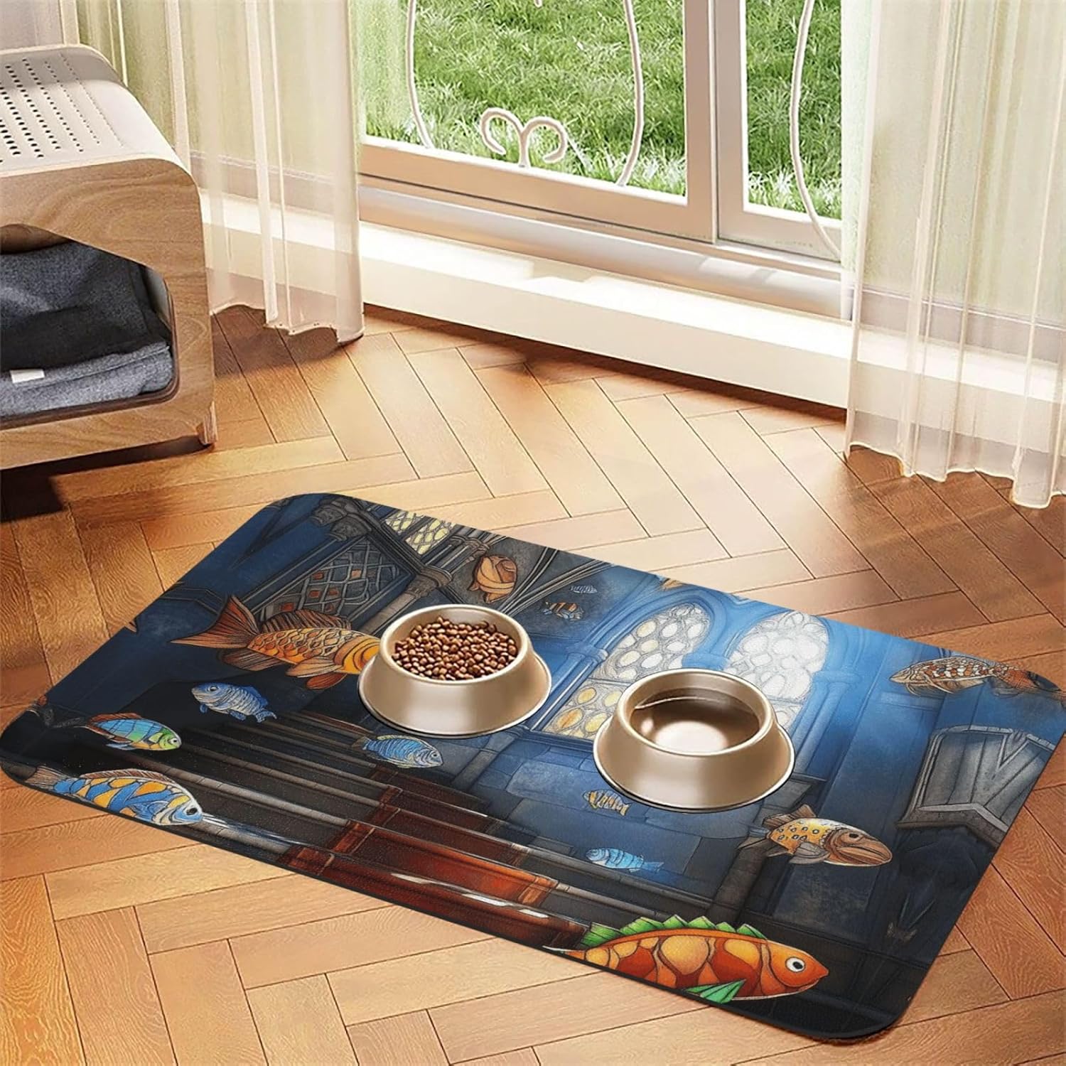 Underwater Temple and Fish Pet Feeding Mat Dog Cat Eating Food Absorbent Leather Tablecloth for and Water Bowl Waterproof No Stains Quick Dry Non-Slip 23.62 * 15.75IN