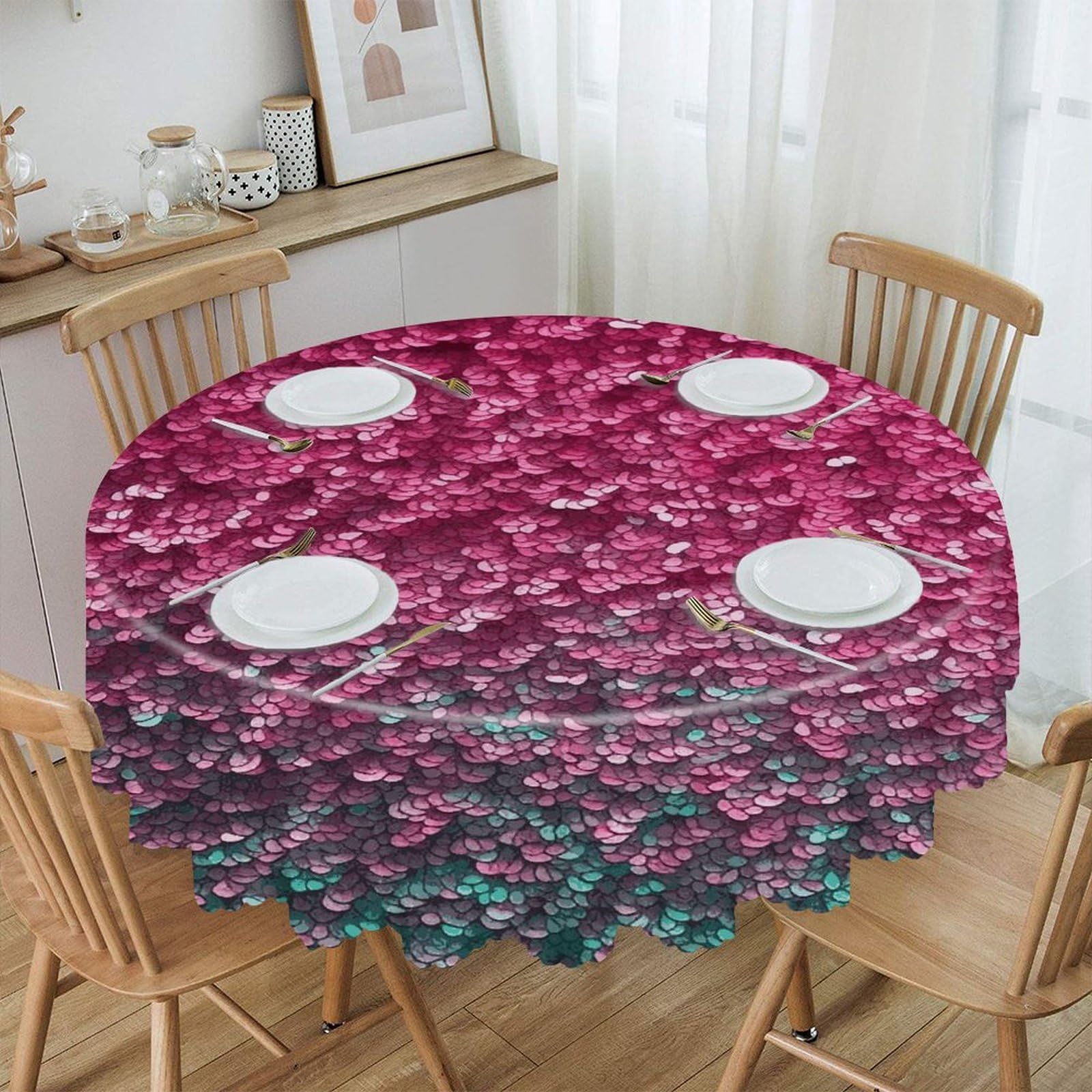 VstaDank 3D Pink Glitter Round Tablecloth 60 Inch Easy to Clean Circle Table Cover Thick Decorative Round Polyester Table Cloth for Dining Kitchen Party Farmhouse Outdoor