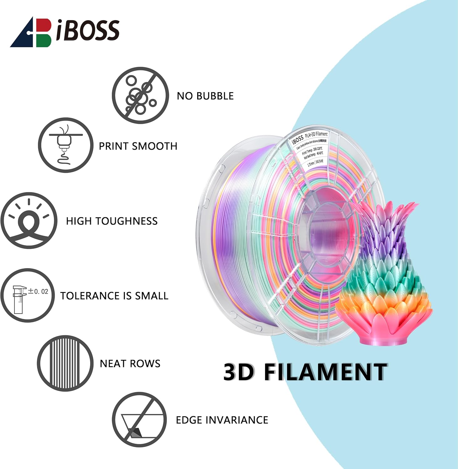 iBOSS Silk Candy Rainbow PLA+ Filament, 1kg Neatly Wound 3D Printer PLA Plus Filament 1.75mm+/ -0.02mm, Fast Color Change Each 8 Meters, Suitable for Most FDM Printers(Silk Candy Rainbow)