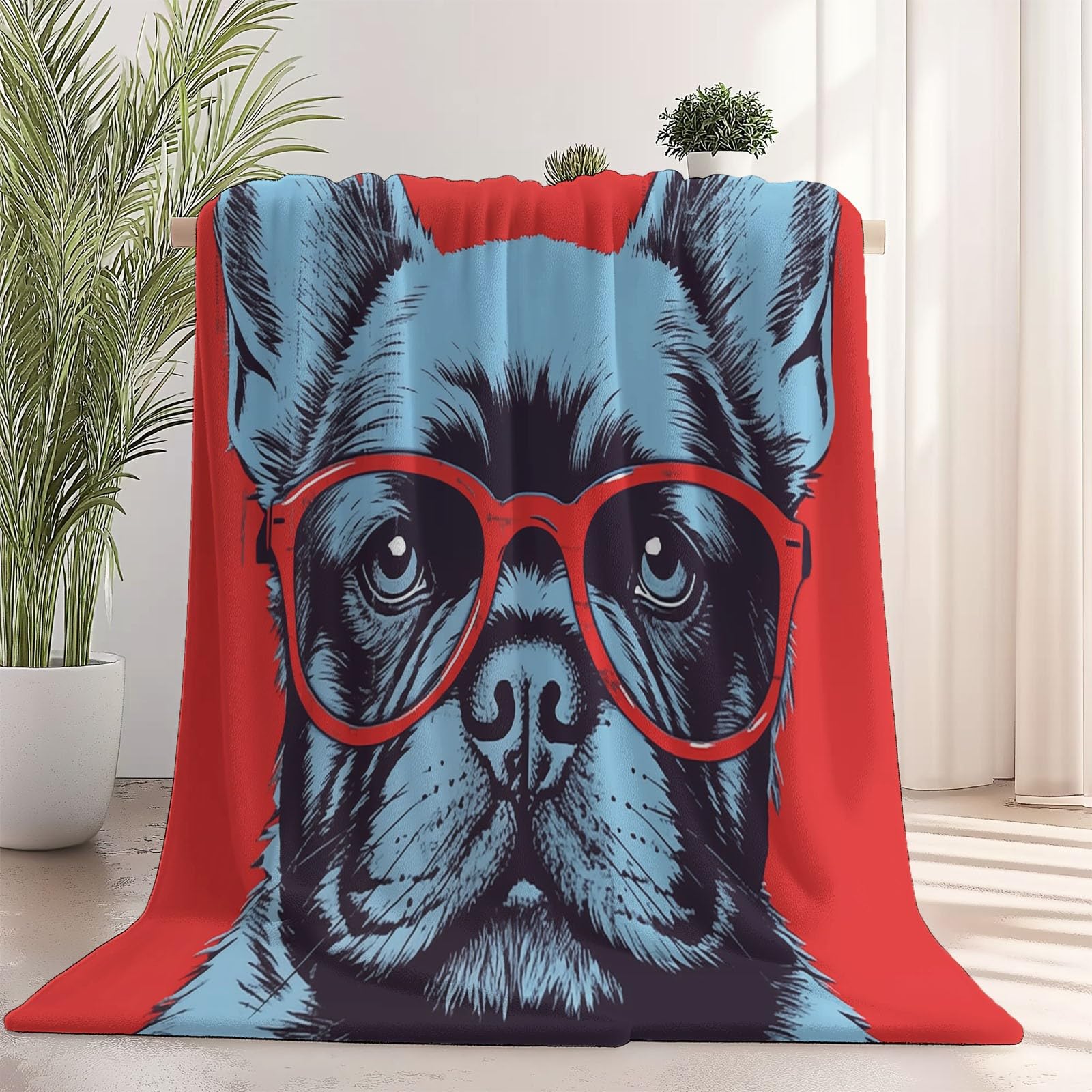 Couverture flanelle bouledogue français au design miroir pop rouge et bleu, douce et chaude XXL