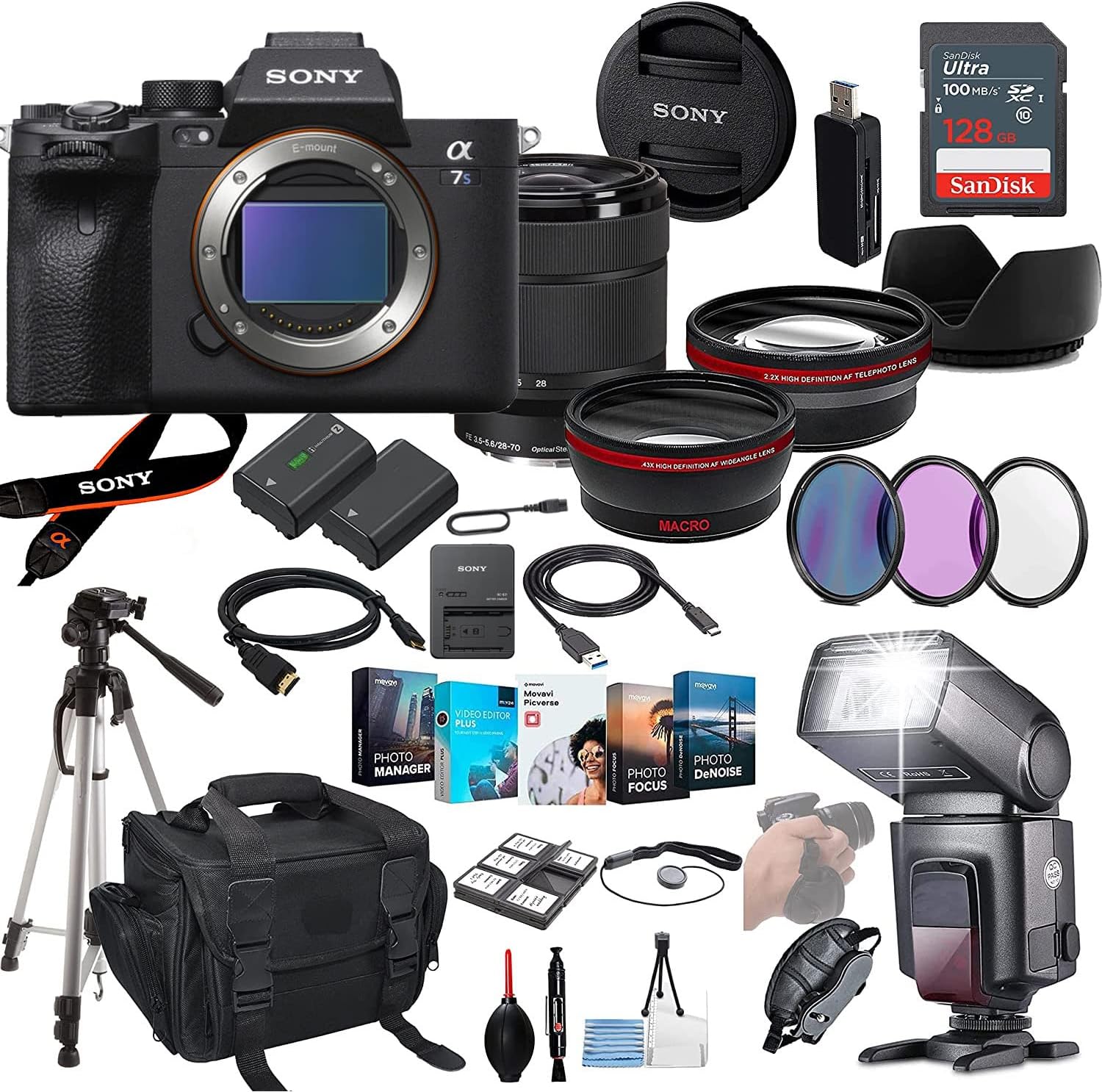 Sony a7S III Mirrorless Camera – ILCE7SM3/B with 28-70mm Lens Bundle + Prime Accessory Package Including 128GB Memory, TTL Flash, Editing Software Package, Auxiliary Lenses & More, Black