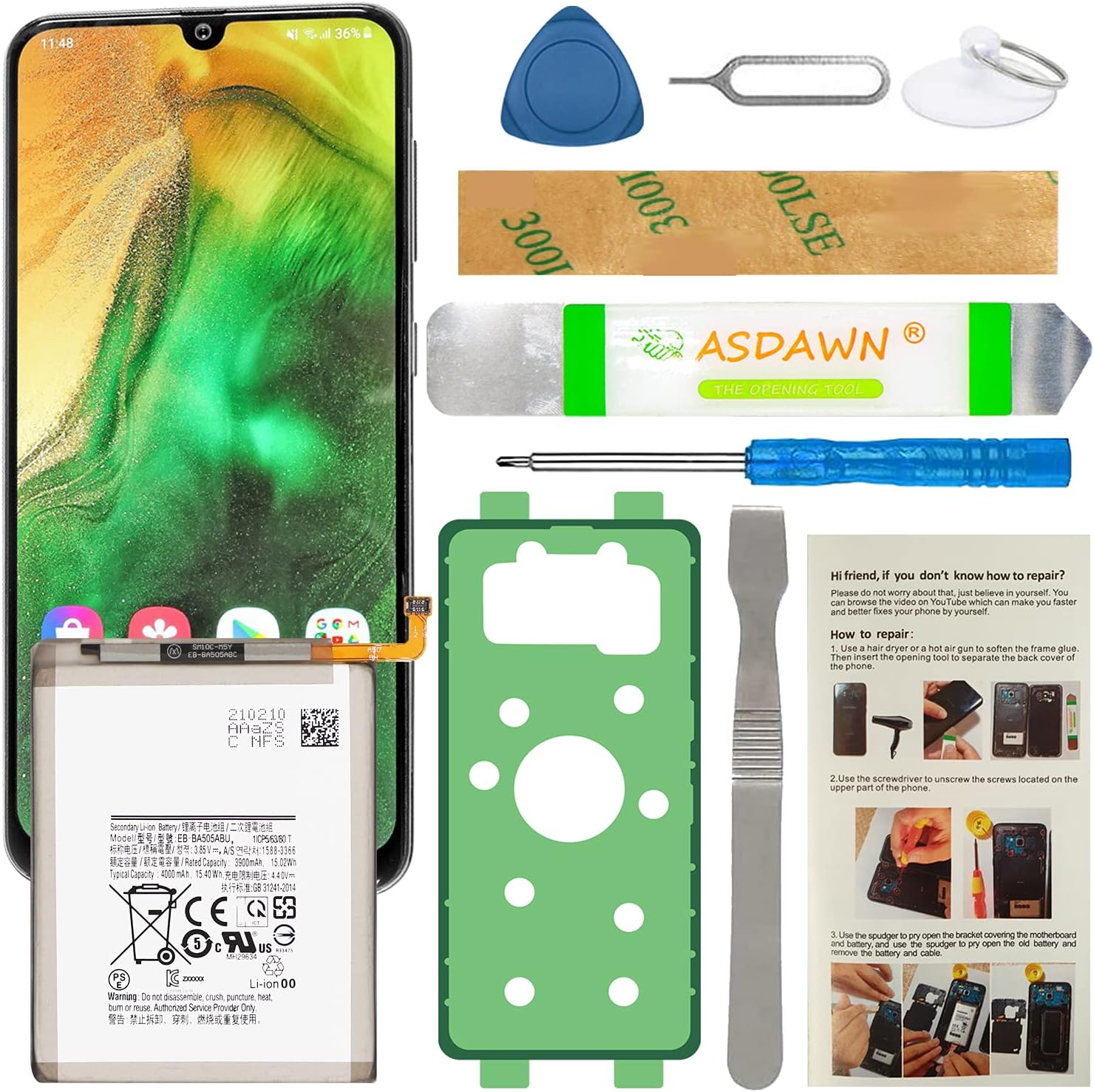 ASDAWN Galaxy A50 Battery, 4000mAh EB-BA505ABU Battery for Samsung Galaxy A50 SM-A505, Galaxy A20 SM-A205, Galaxy A30 SM-A305, Galaxy A30s SM-A307 Replacement EB-BA505ABN