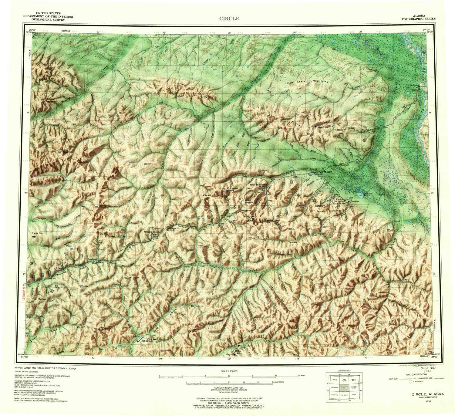 YellowMaps Circle AK topo map, 1:250000 Scale, 1 X 3 Degree, Historical, 1955, Updated 1961, 22.7 x 24.8 in - Polypropylene