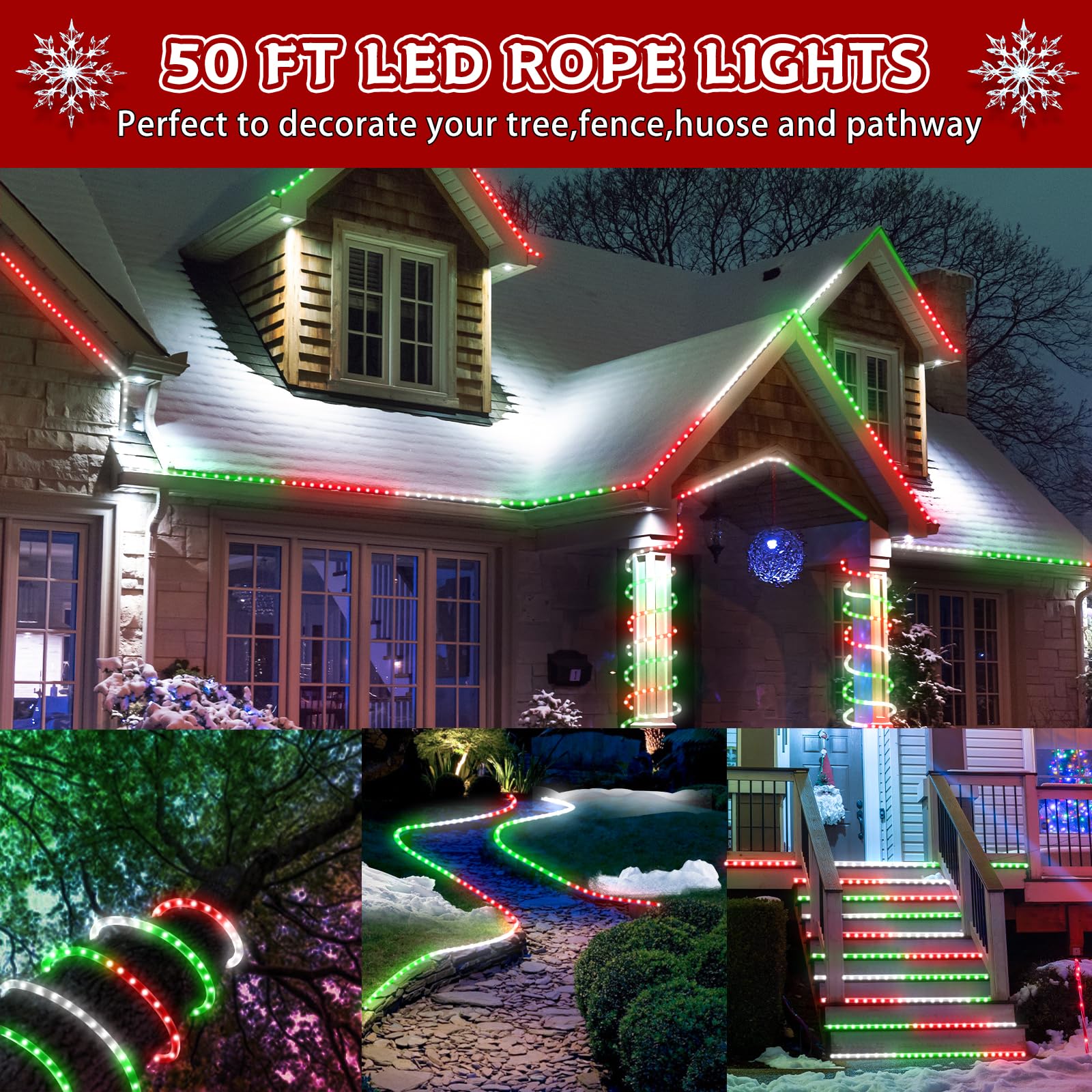 Luci natalizie per esterni, 15 m, 600 LED rosso, bianco, verde, impermeabile, con 8 modalità di memoria, luci natalizie permanenti per albero, recinzione, giardino, decorazioni per feste