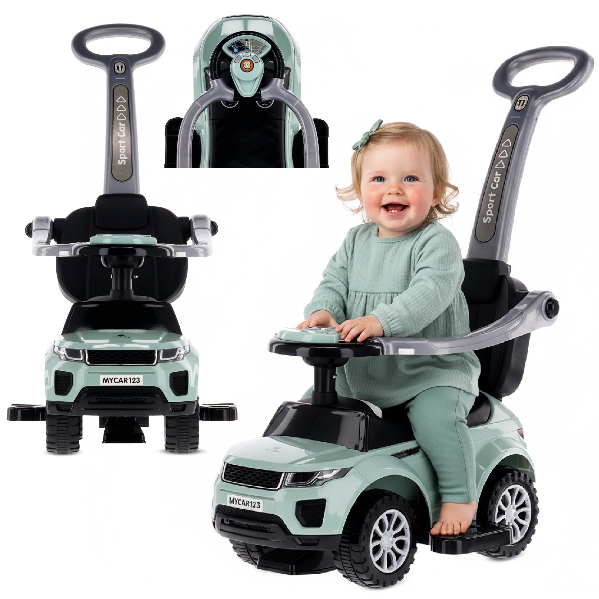 4in1 Kids Slide Car, from 1 Years, Push Car with Horn and Music, Space to Store Things Under the Seat (Sage