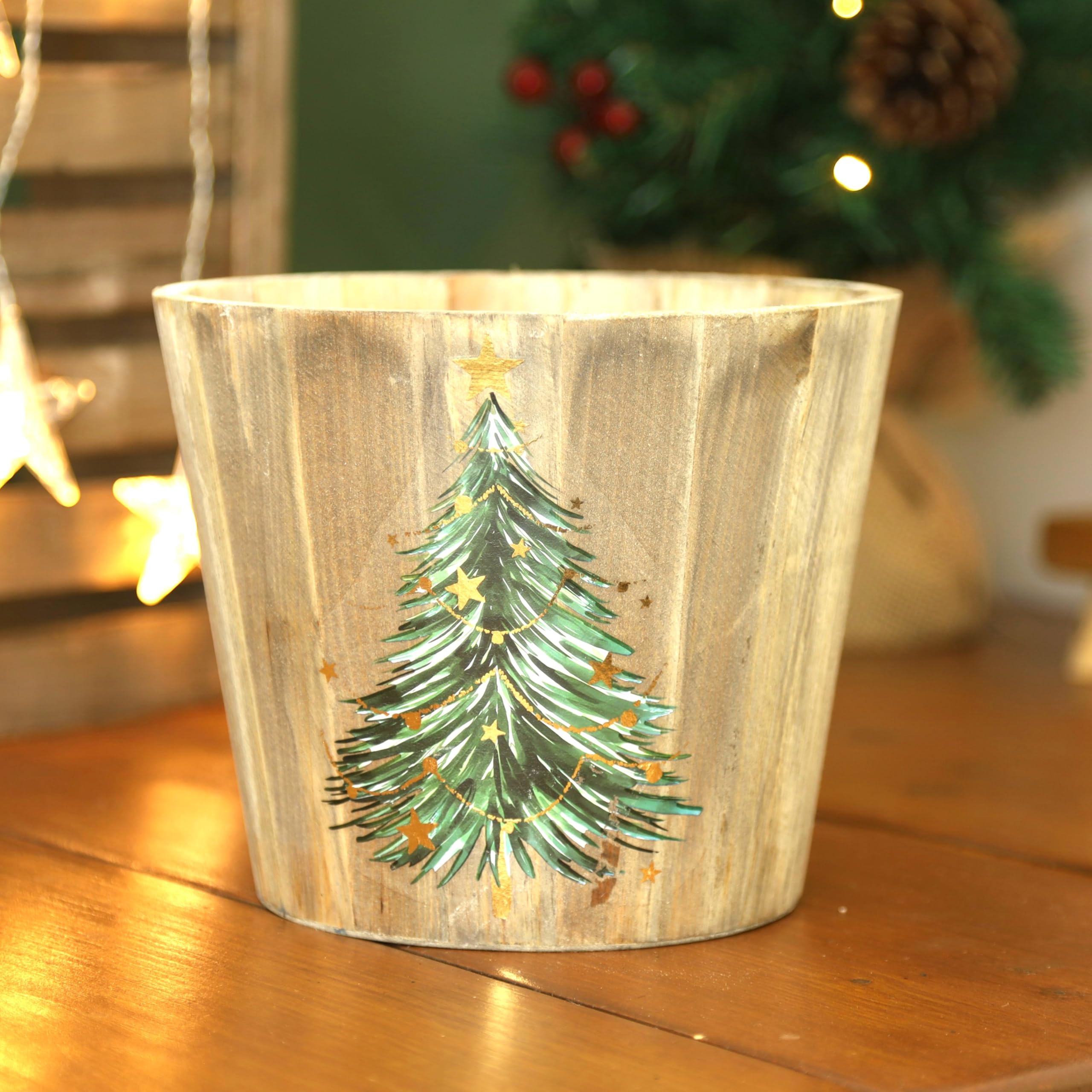 Fyne-Finds Wooden Christmas Planter 19cm,7inch Tree Theme Xmas Decorative Indoor Plant Pot Cover Gift (1)
