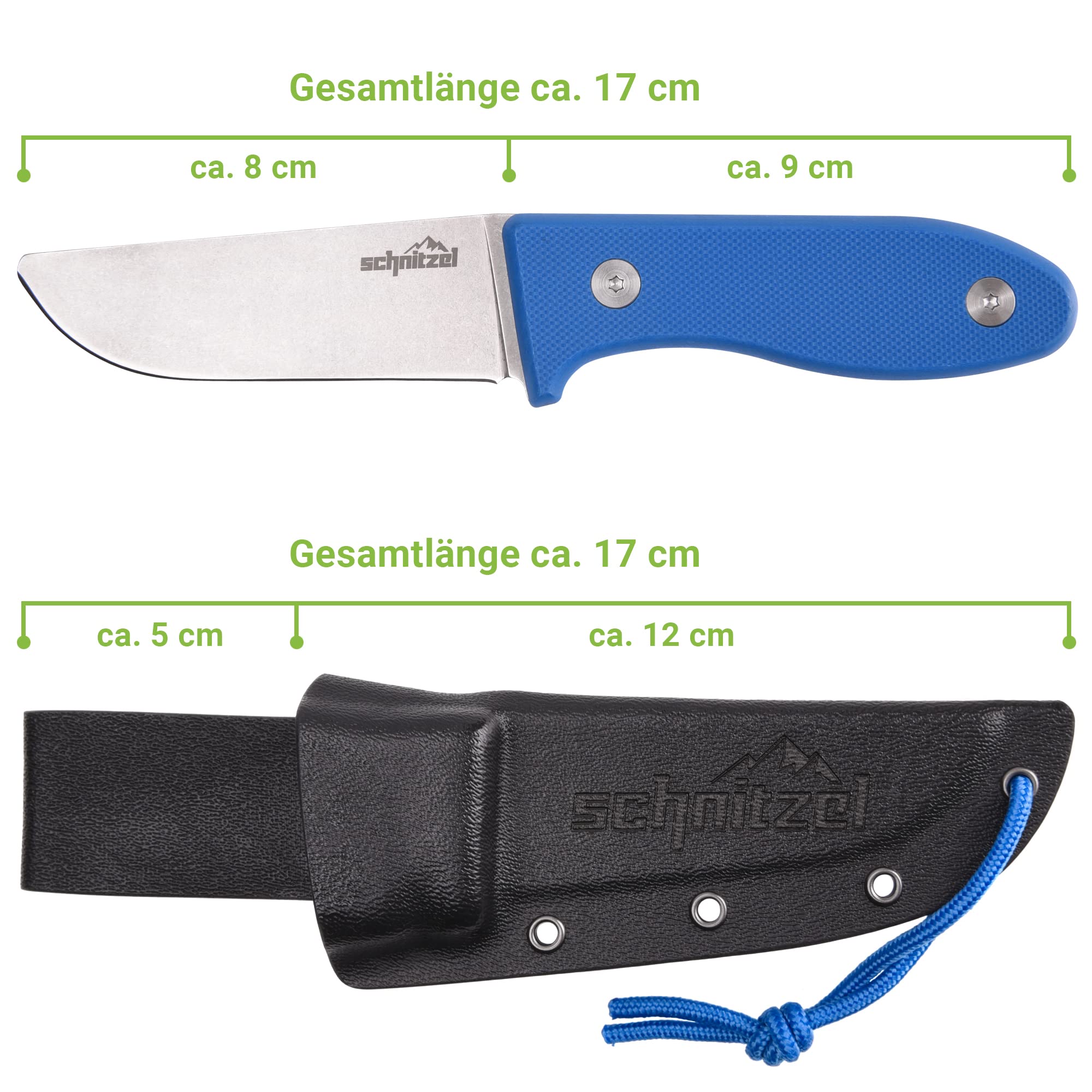 SCHNITZEL UNU, Kindermesser Schnitzmesser und Outdoormesser für Kinder, scharf mit Kydex Scheide und Gürtelhalterung, div Farben (Blau)