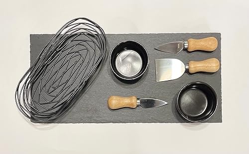 Juego de servir de pizarra | 8 piezas – 1 tabla de servir de pizarra negra de 15 x 7.5 pulgadas con esteatita, 2 moldes de cerámica, 3 cuchillos de