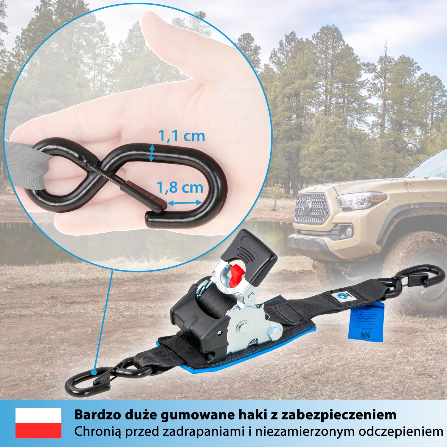 valonic TANUKI - 2x 3m XXL automatic ratchet tension strap, 50mm, 650/1300 Kg, wyściełany, EN-12195-2 - z grzechotką, czarny, pasek napinający do motocykli
