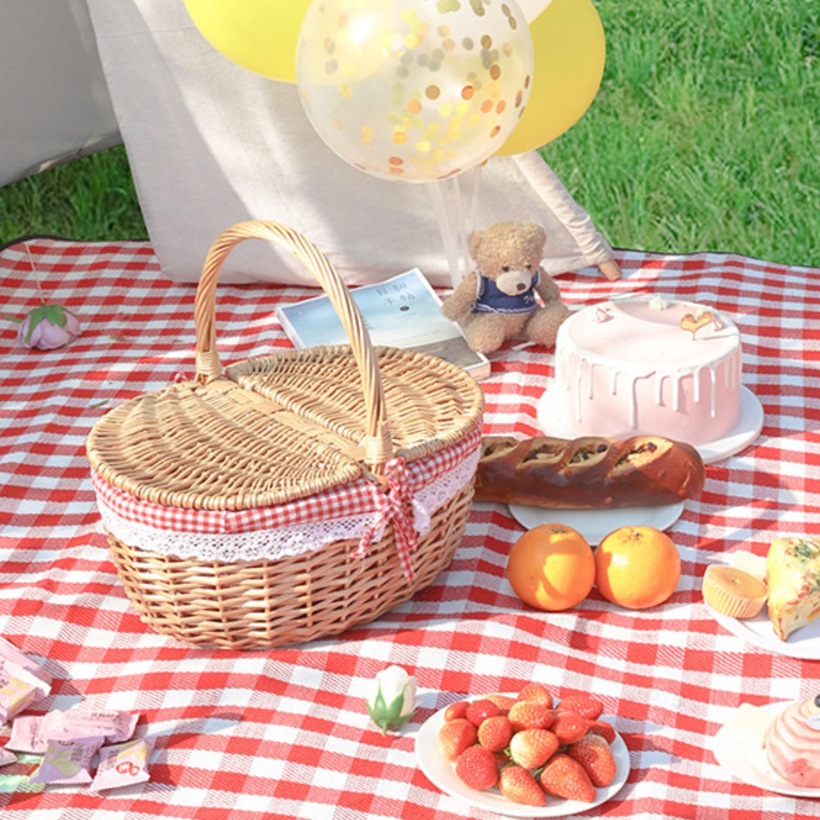 Cestino da picnic con fodera, cestino da picnic in vimini con coperchio, stile vintage, grande cestino intrecciato con doppi manici pieghevoli, per campeggio, San Valentino, ringraziamento (35 x 25 x