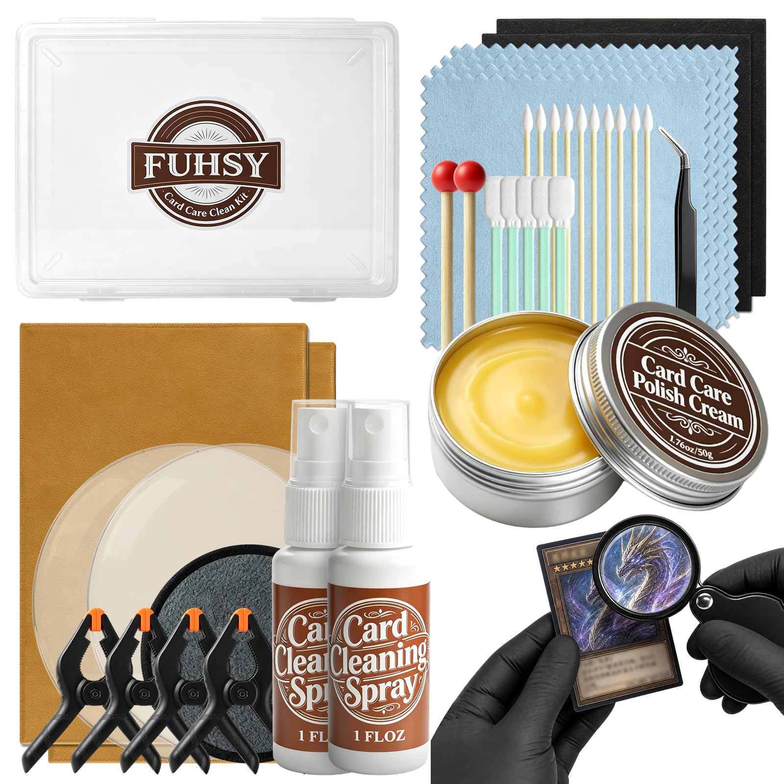 FUHSY 15-in-1 Card Care Cleaning Kit, 150 Pcs Professional Card Restoration Tools with Storage Box Polishing Cream Cleaning Spray, Repair Creases &amp; Warped Edges for Trading Game and Sports Cards