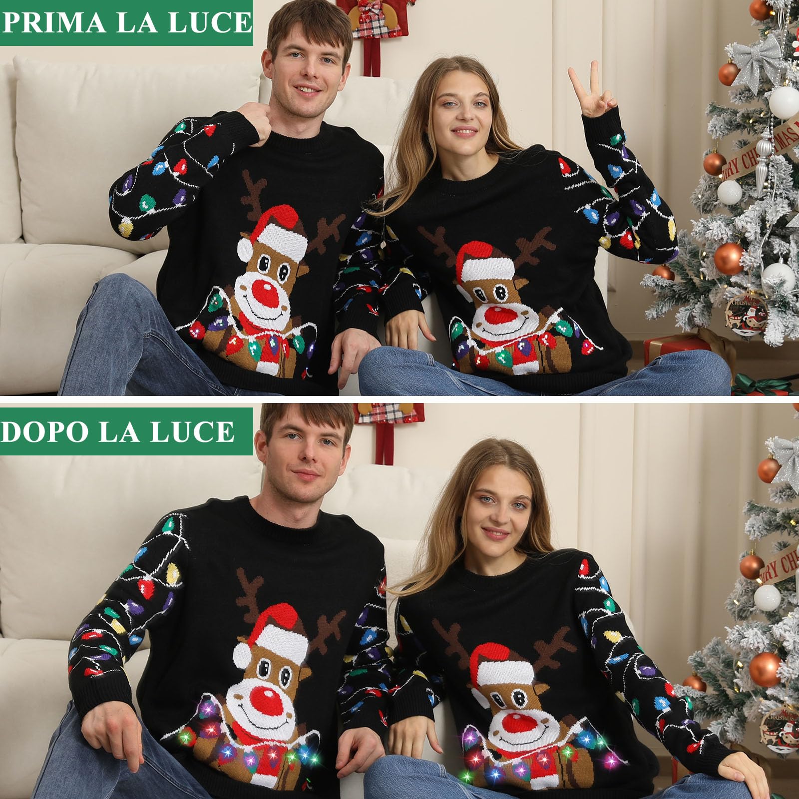 Kouric Maglione Natalizio Uomo con Luci, Maglione Natalizio Donna Divertenti, Girocollo Maglioni Natalizi Famiglia LED Ugly Christmas Sweater, Brutti Maglioni di Natale per Uomo/Donna/Coppia/Bambino