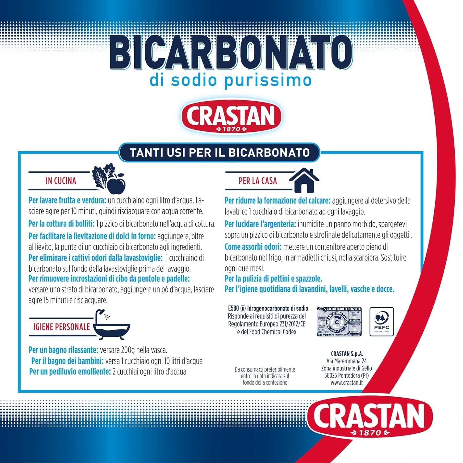 Crastan Bicarbonato di sodio purissimo Bicarbonate de sodium pur pour un usage domestique et alimentaire 12 x 750 g + Italian Gourmet Polpa 400 g