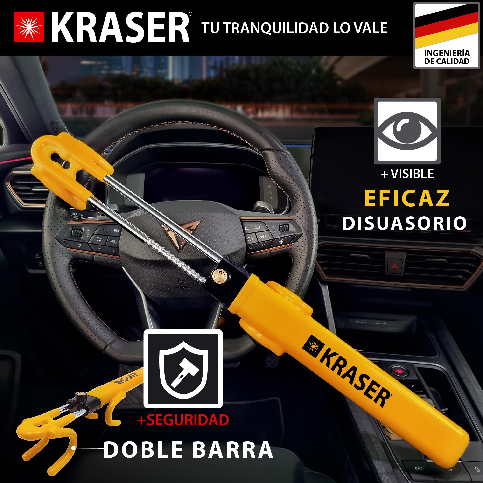 KRASER KR842Y Antirrobo Coche, Alta Seguridad, Bloqueo Volante de Doble Barra, Más Robusto y Disuasorio, Doble Gancho con Protección Antiarañazos, Cepo Coche Universal SUV Furgoneta Autocaravana