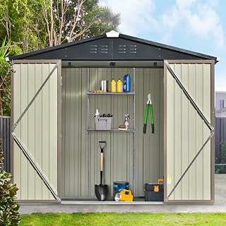 Goohome Sheds & Outdoor Storage, 8ft x6ft Outdoor Storage Shed with Design of Lockable Doors and Air Vent, Stable Steel Shed, Spacious Multipurpose House Garden Tool Storage Shed for Backyard, Lawn