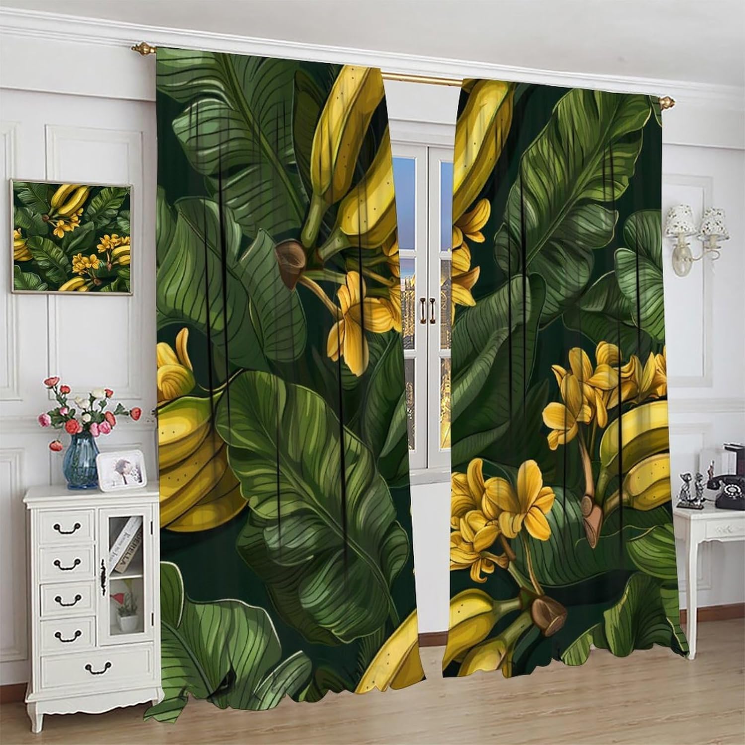Blackout Curtains for Bedroom, 2 Panels Floral Palm Tree Rod Pocket Curtains Tropical Nature Fruit Banana Thermal Insulated Curtains Window Drapes, 21W x 54L