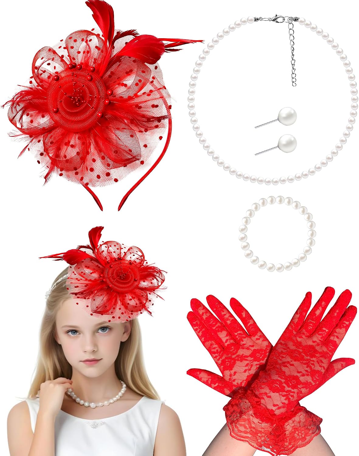 Gril Tea Party Hat Fascinators with Gloves for Church Wedding 1920s 50s Party Cosplay Accessories