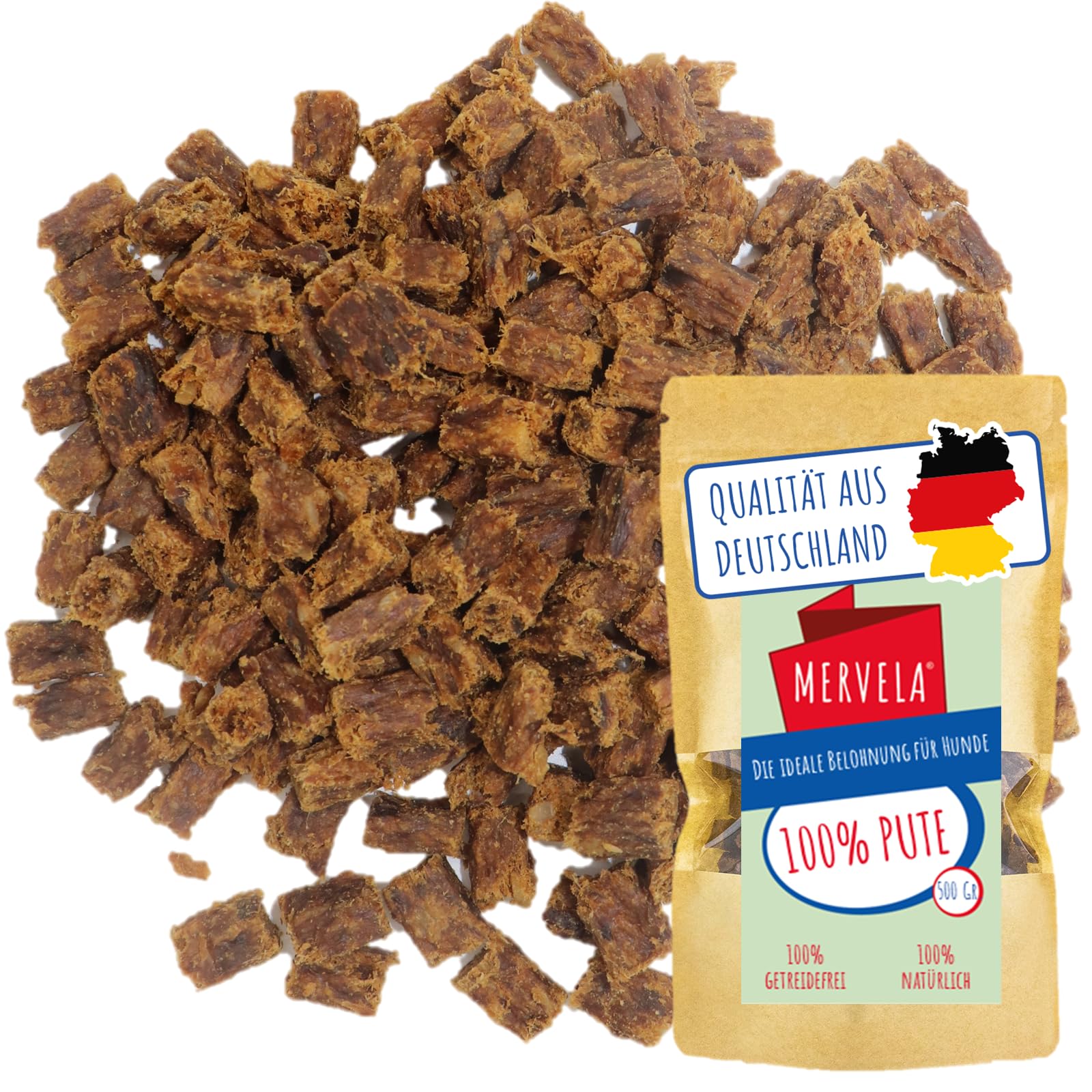MERVELA® Premium Pute Kauwürfel für Hunde, 500g - Ideal als Trainingsleckerli | 100% Natürliches Putenfleisch | Hypoallergen für Sensible Hunde | Made in Germany