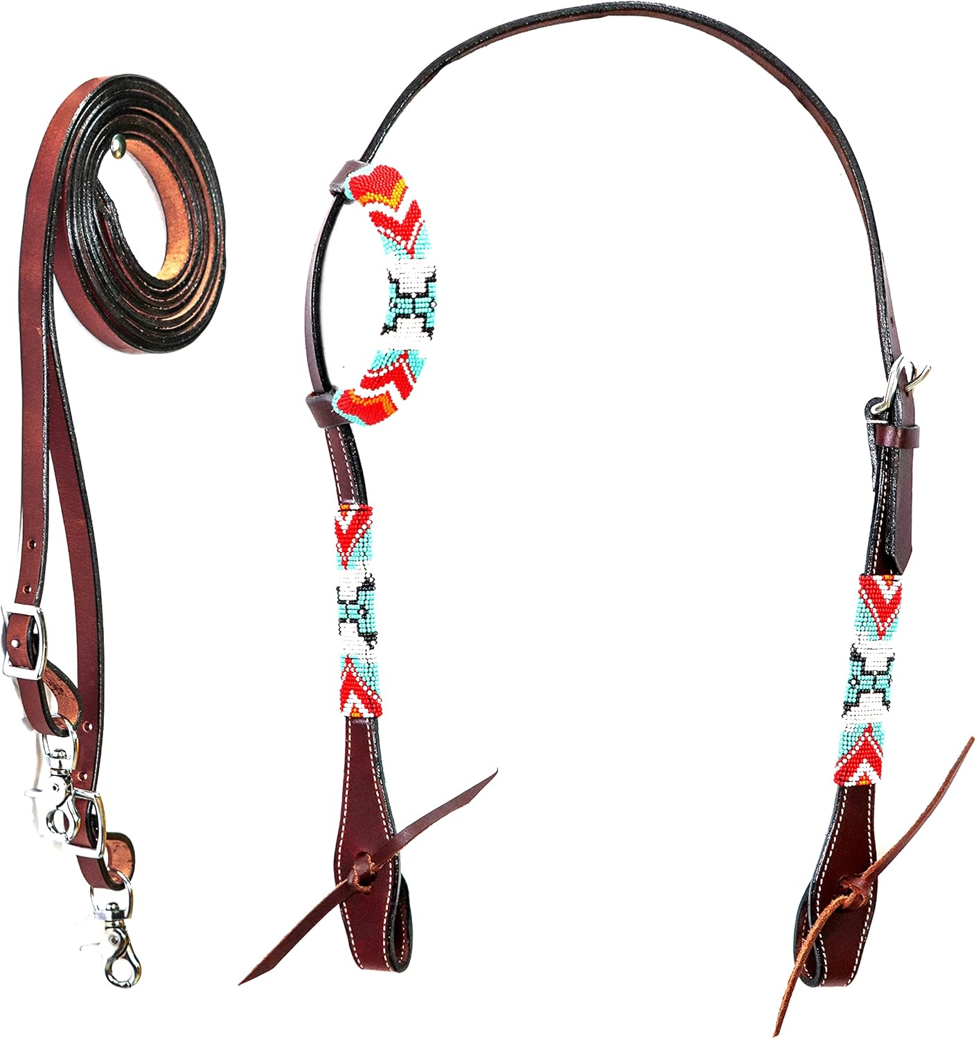 RAJ INTERNATIONAL 2 Piece Beaded Cross Single Ear Headstall & Reins Western Premium Leather Hand Carved Tooled Equestrian Tack (Beaded w/Cross Design_06) : Sports & Outdoors