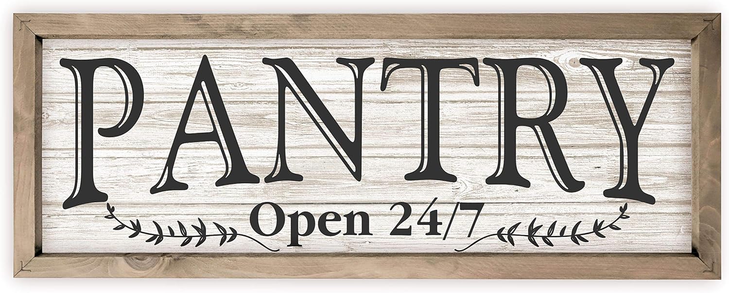 Pantry Open 24/7 Framed White Wood Rustic Style Wall Décor Sign 8x24