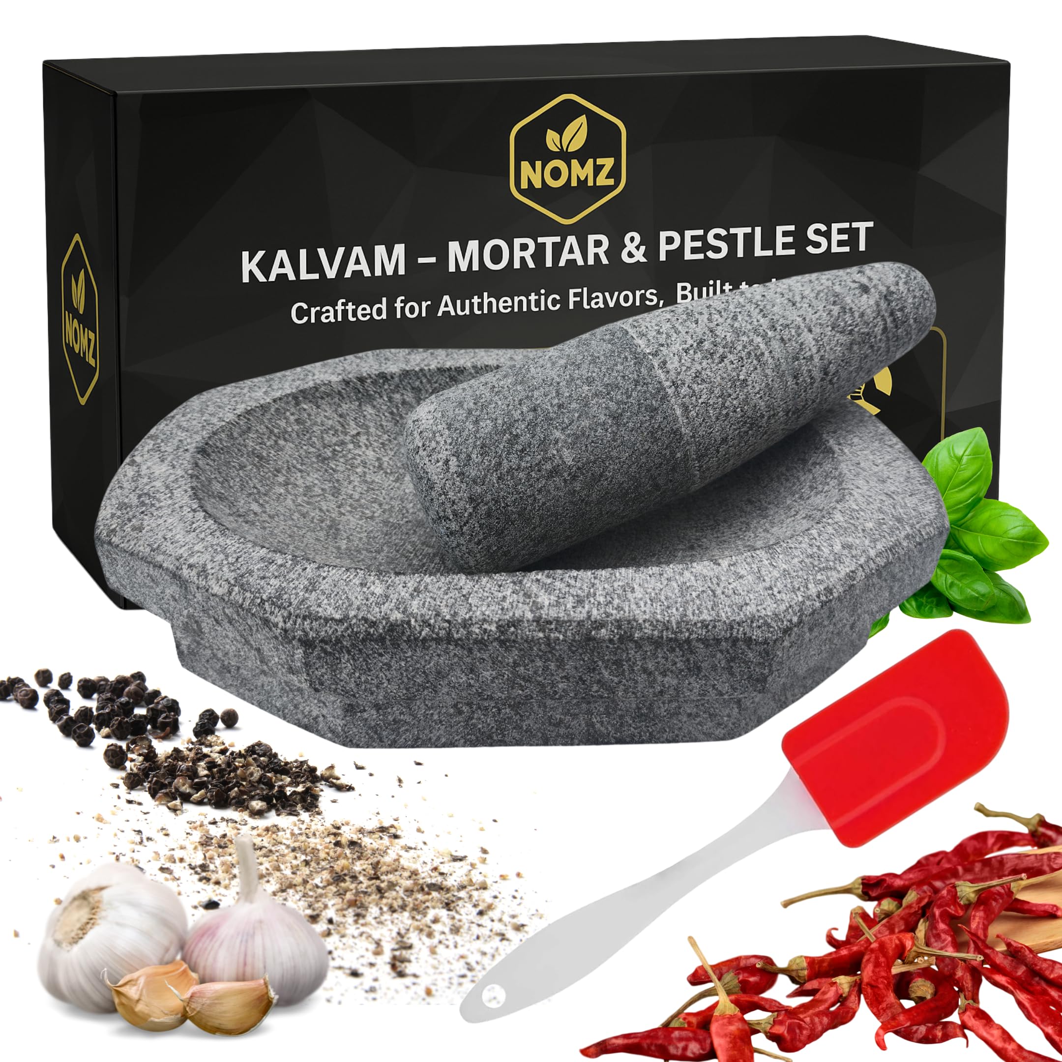 NOMZ Mortar Pestle for Kitchen with Anti-Slip Pad & Silicone Spatula - 4.8 kg Heavy, 10 inch Block Shape, 2 Cup Capacity - Kalvam/Khalbatta/Silbatta for Chutney