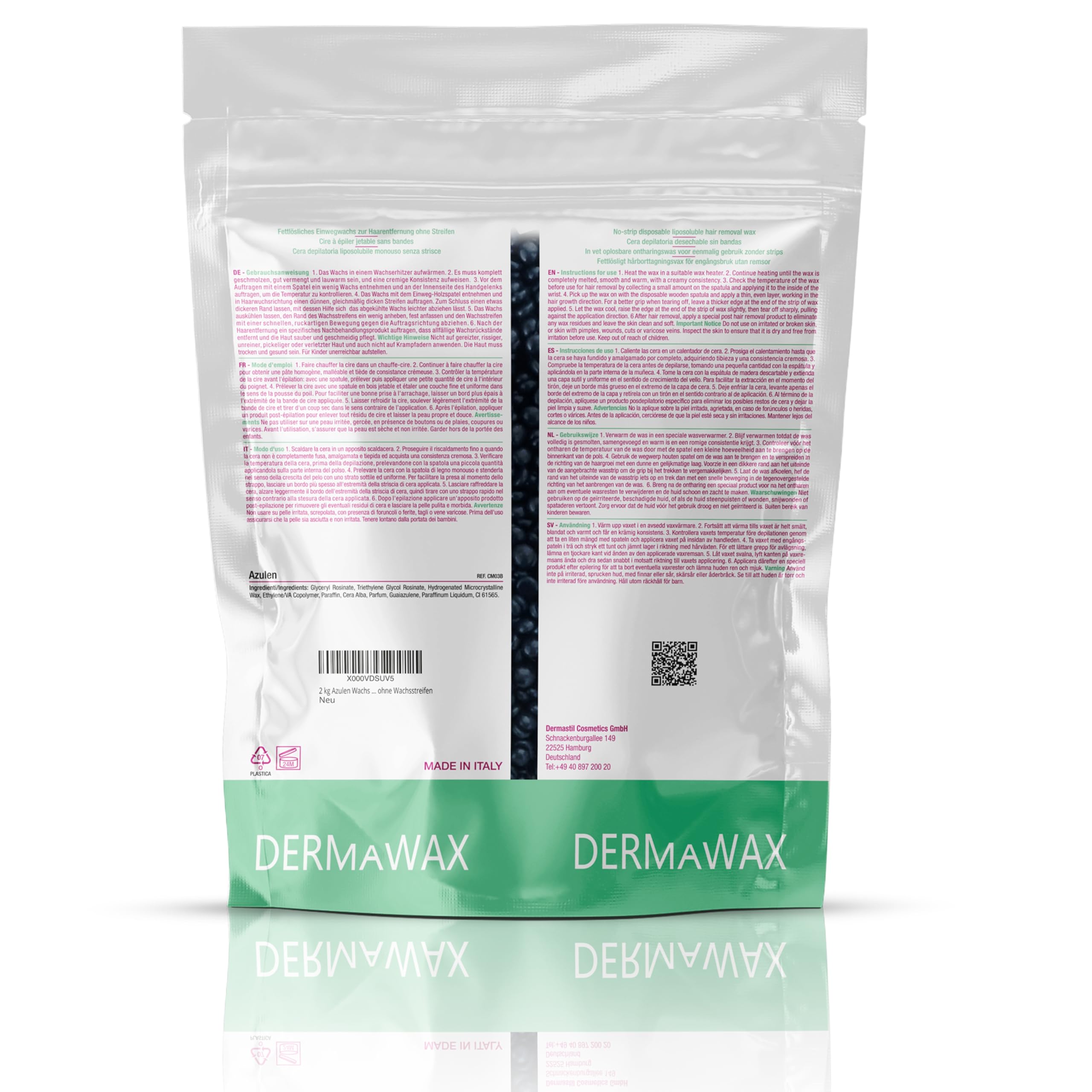 Dermawax Cera Brasiliana Professionale Cera Brasiliana perle per ceretta depilatoria senza strisce, Ceretta indolore per uomo e donna, a bassa temperatura 2 kg Azulene