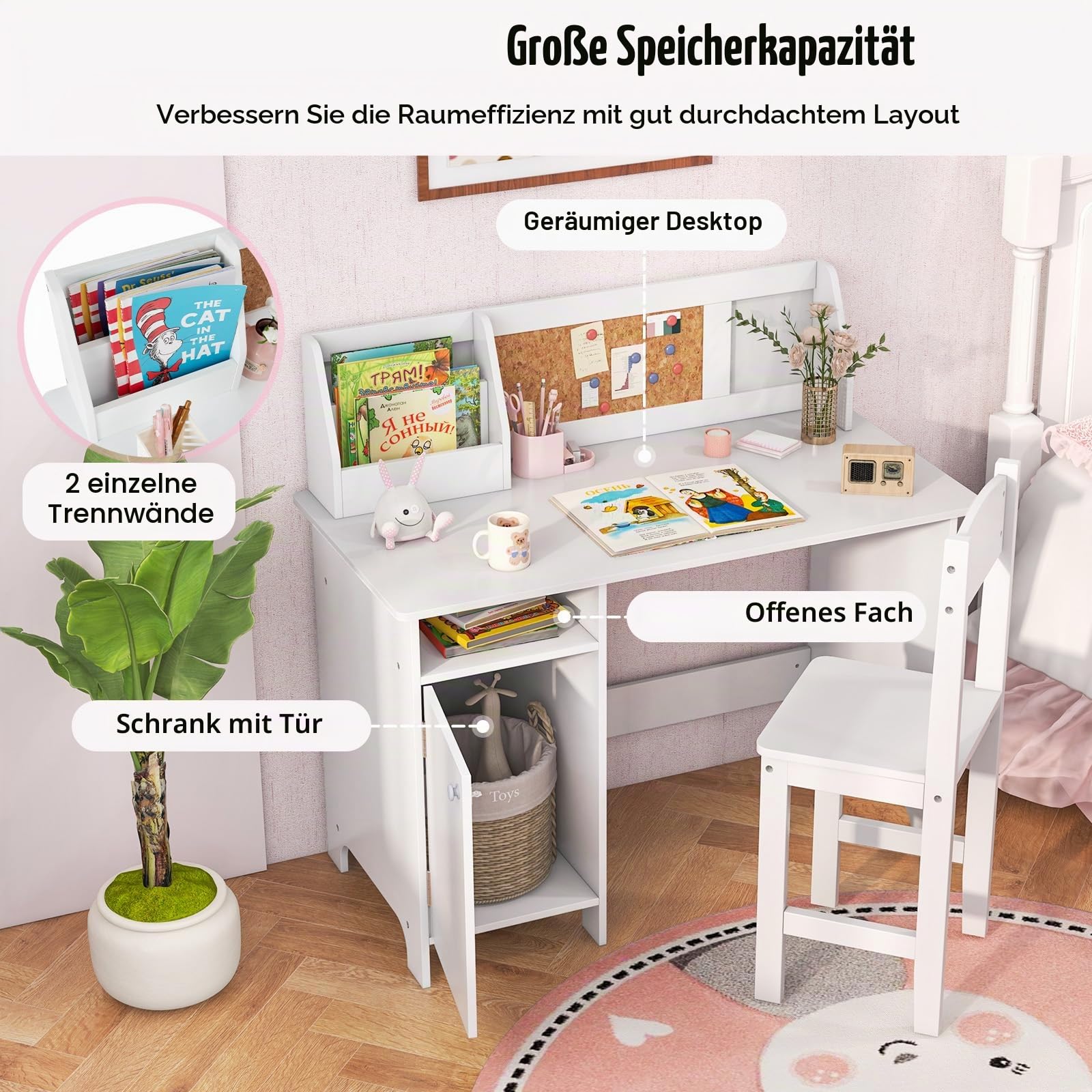 LIFEZEAL Kinderschreibtisch mit Holzstuhl, Lerntisch mit Ablagefach und Tafel, Kindersitzgruppe ab 3 Jahren, Kinderschreibtisch Kinderzimmer für Junge Mädchen (Weiß)