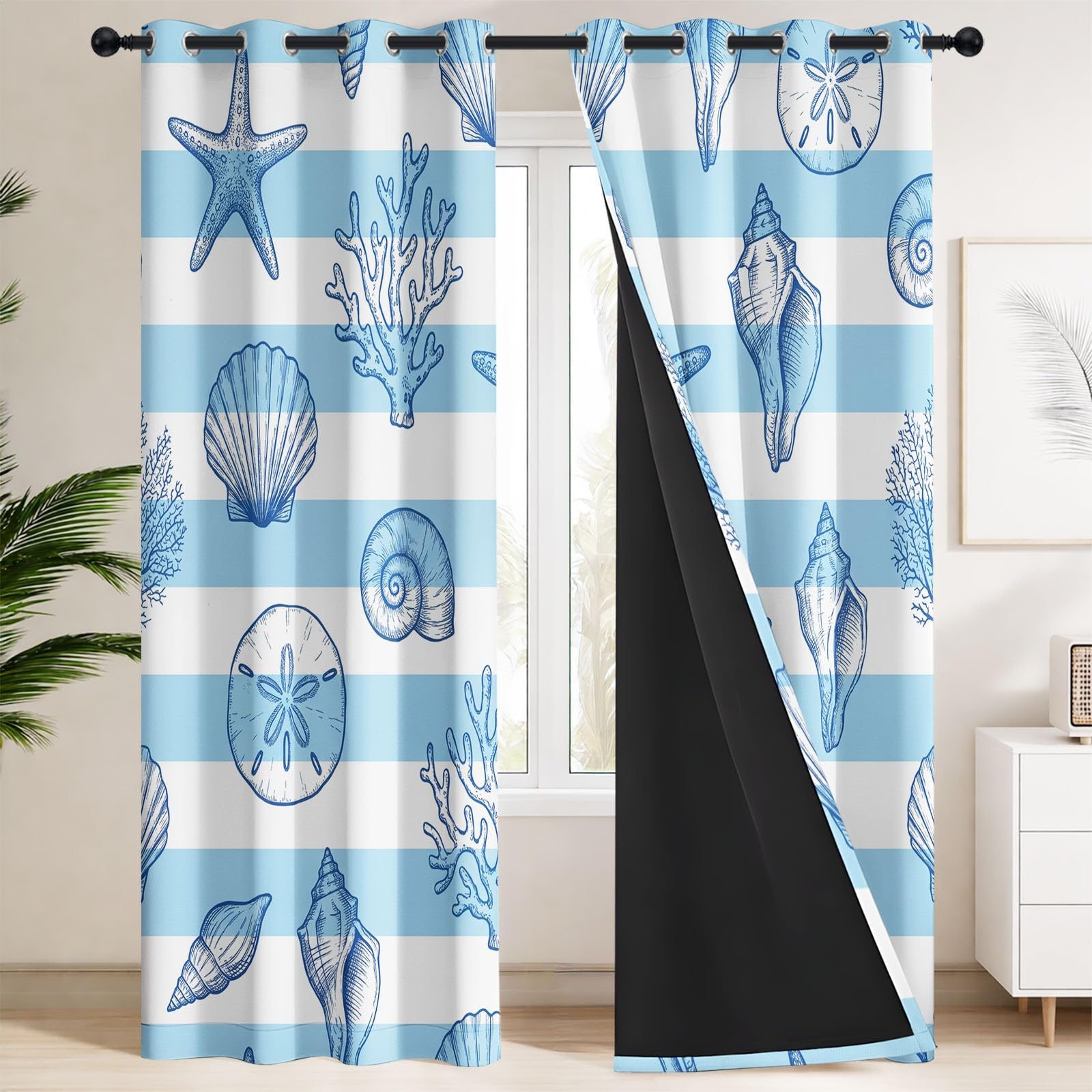 Generisch Termiczna ochrona przed wysoką temperaturą, morskie, relaksujące, nieprzejrzyste zasłony na przelotkach, zestaw 2 sztuk, wys. 175 x szer. 140 cm, morskie paski, zaciemniające, do salonu