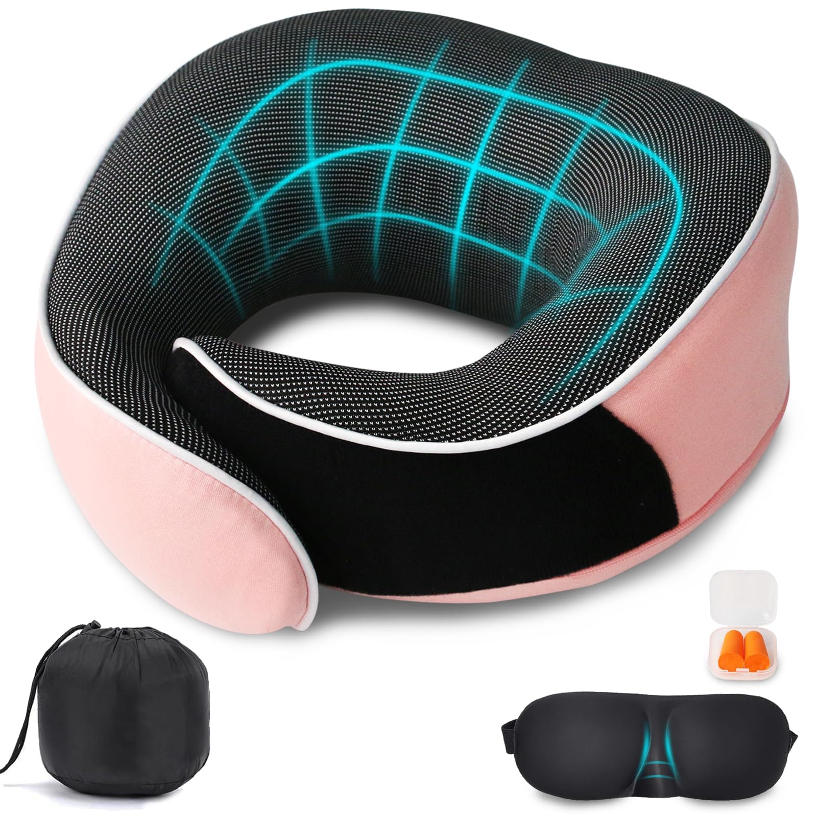 MILADO Airplane Neck Pillow, 360° Memory Foam Travel Pillow for Long Flights, Office & Car, Portable Adjustable Neck Support Pillow with Removable Cover, Compact Travel Size Pink