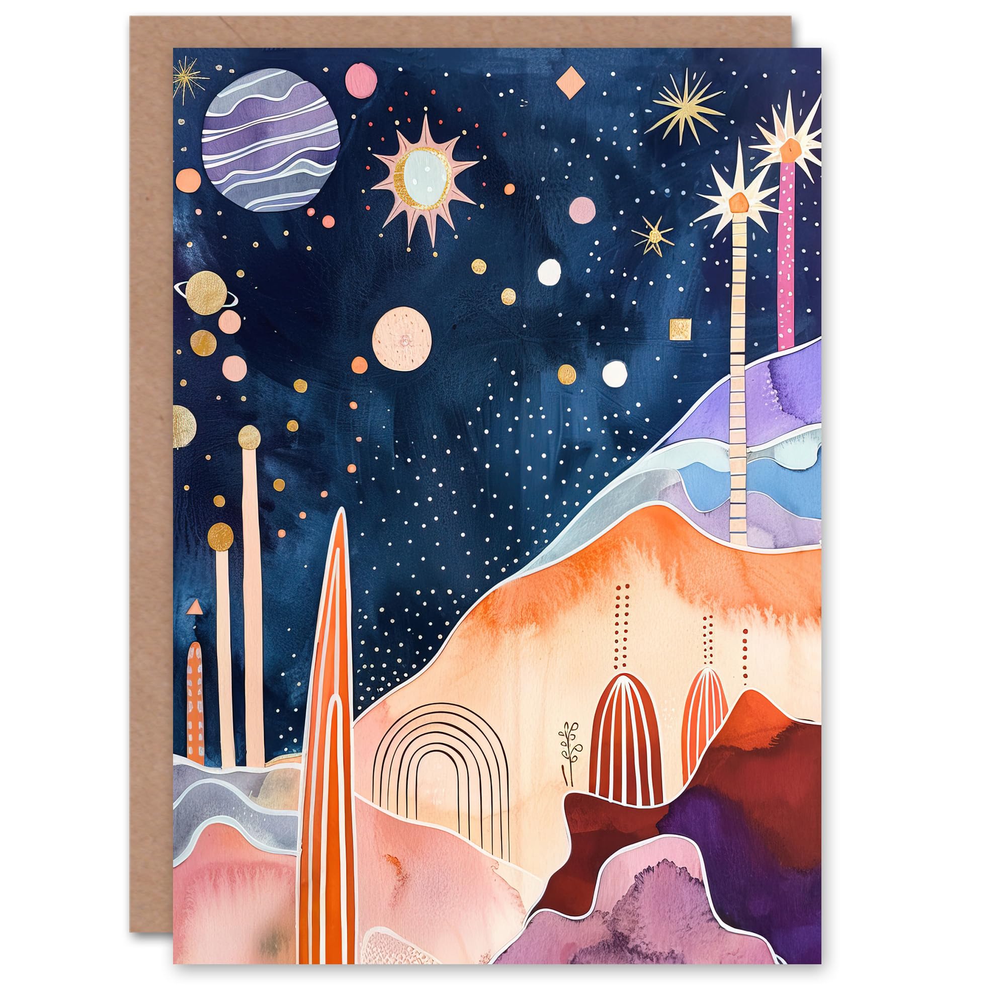 Artery8 Greeting Card Mid Century Modern Abstract Boho Space Landscape Blank For Him Or Her Art Birthday Card