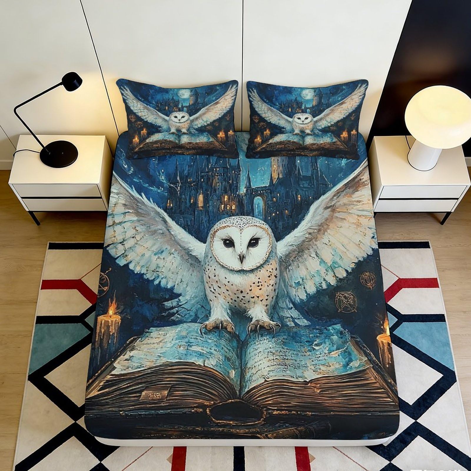 Pnayamiorkfel Style-5 3D Printed Magical Owl Fitted Sheet Microfiber Fantasy Castle Bed Cover Bedroom Dorm Mattress Protector Decor 90X200x25cm