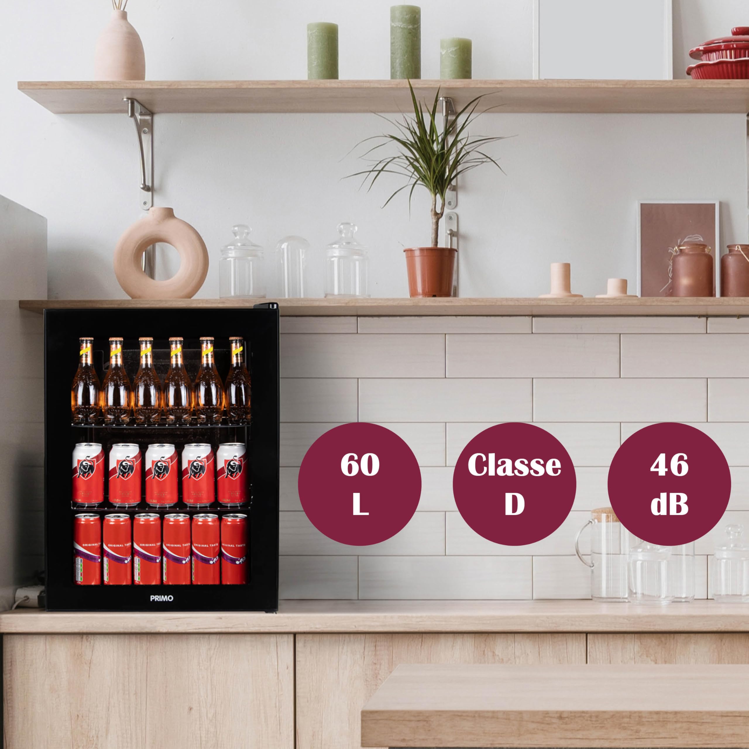 PRIMO PR179BC - Refrigerador para bebidas - Minibar - Mini nevera - Puerta acristalada - Colocación libre - 60L - D - Negro