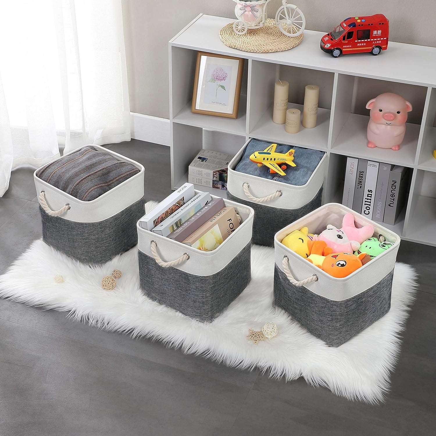 Mangata Canvas Cube Storage Boxes, 25x25x25cm Storage Baskets for Shelves Organizing Clothes Nursery Home(Cold Grey&White, Set of 3) - Image 3