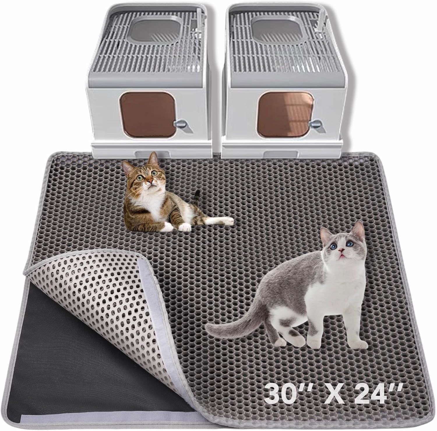 Cat Litter Mat, Large Kitty Litter Box Trapping Mat, 30x24'' Honeycomb Double Layer Urine & Waterproof, Washable Easy Clean, Litter Mats for Floor Less Waste, Anti-Slip