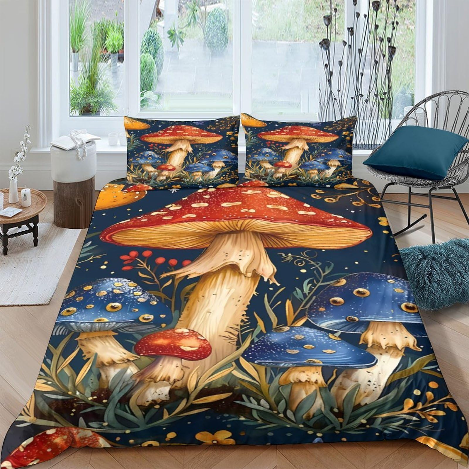 GPLZQXKJNH 3D Printed Red Mushroom Forest Duvet Cover Microfiber Soft Breathable Blue Fungi Bedding Set with 2 Pillowcases for Bedroom Decor Single（135x200cm）