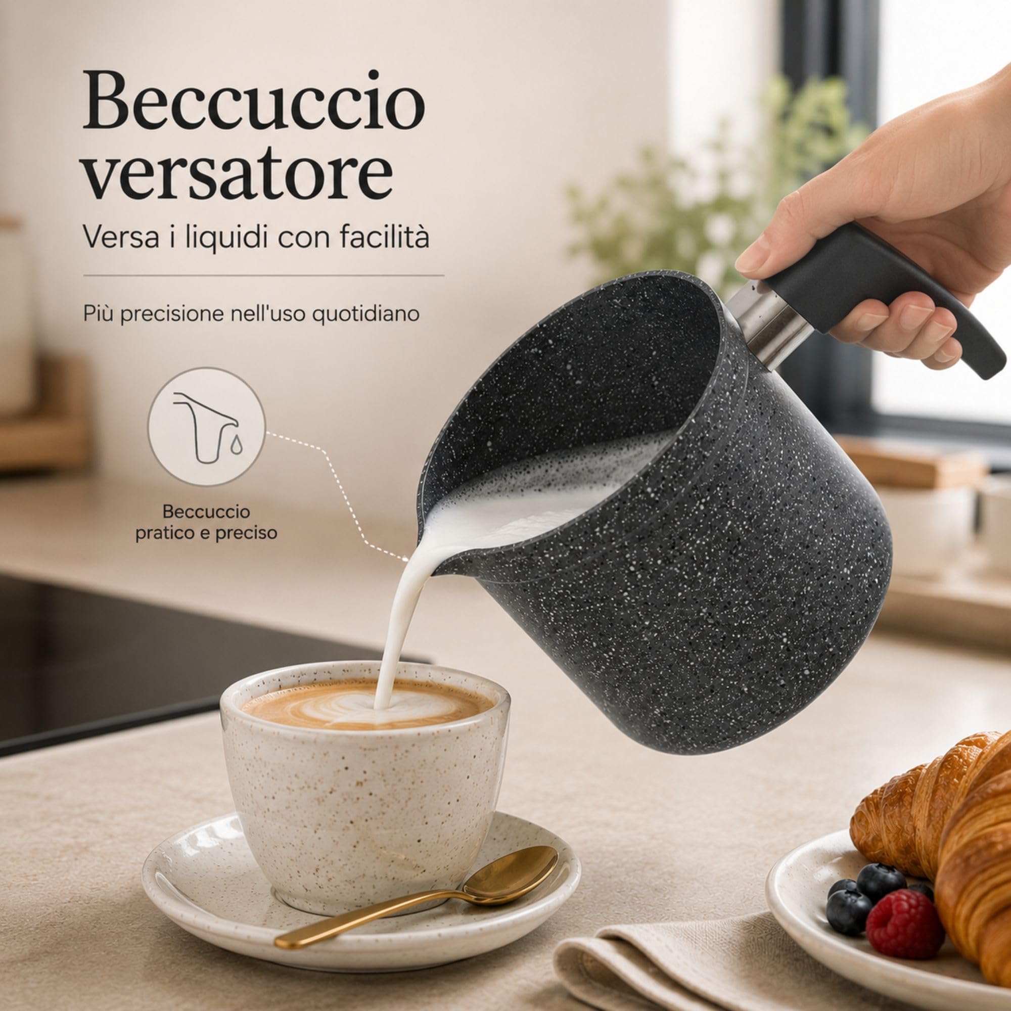 NAMAI - Bollilatte Antiaderente 11 CM Ø, Alluminio Resistente, Manico Ergonomico, Effetto Pietra, Pratico e Resistente, No Induzione, Pentolino Latte