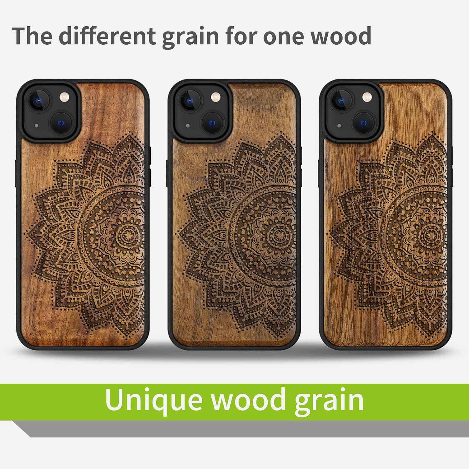 Carveit Magnetic Wood Case for iPhone 14 Plus Case [Natural Wood & Black Soft TPU] Unique & Classy Wooden Shockproof Protective Cover Compatible with magsafe (Mandala Art -Walnut)