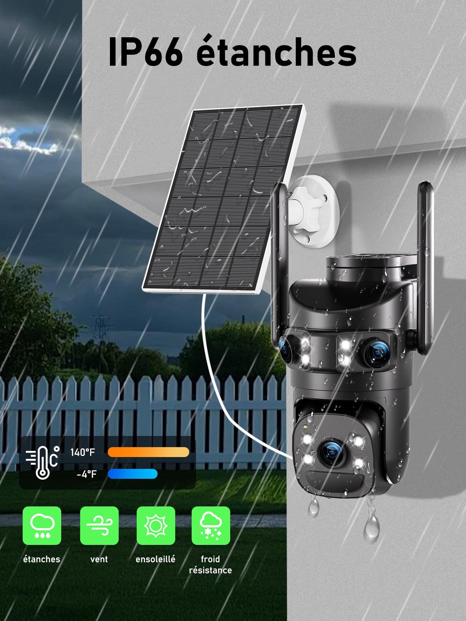4K Camera Vigilancia WiFi Exterior Inalámbrico, Triple Objetivo/Cámara Solar/Batería, 360° PTZ Seguridad en el hogar, Visión Vocturne 30M, Alarma, Audio bidireccional, Seguimiento automático,2PCS