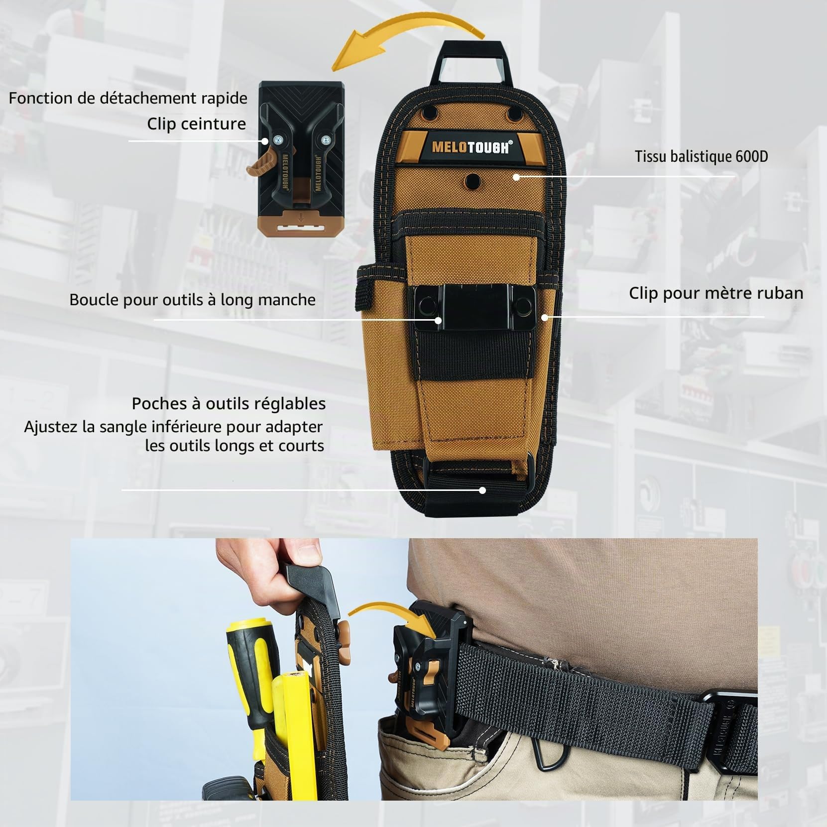 MELOTOUGH Petite pochette à outils avec clip de ceinture à dégagement rapide, pochette de ceinture à outils avec clip de ruban adhésif d'électricien, mini étui de rangement d'outils de travail et