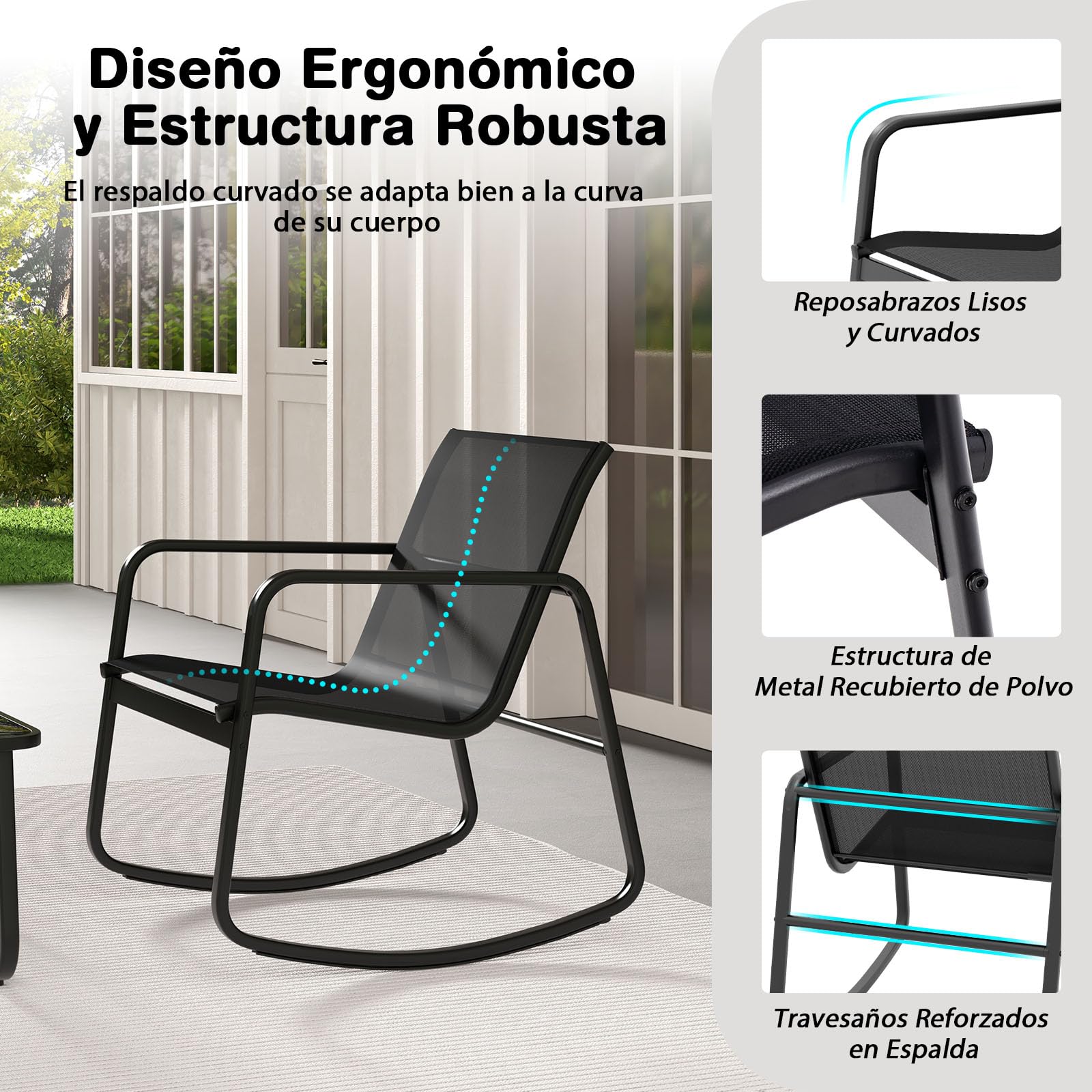 GIANTEX Juego de Bistró 3 Piezas, 2 Sillas Mecedoras de Tejido Transpirable, Mesa de Café con Tablero de Vidrio, Estructura de Metal, para 2 Personas, Conjunto de Muebles para Patio, Jardín (Negro)